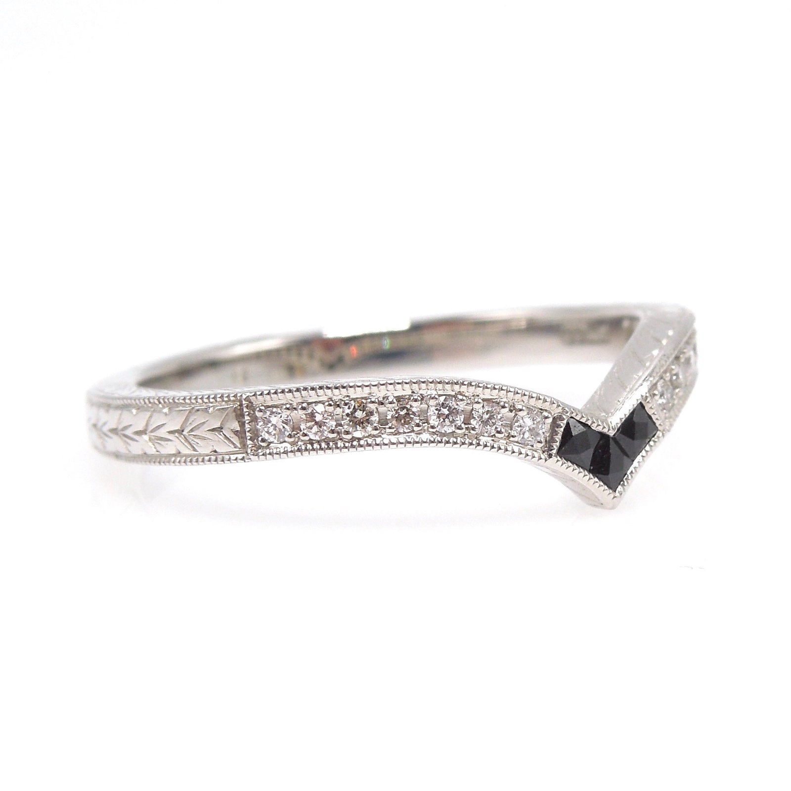 Black Onyx and Diamond Contoured V-shaped Band in Platinum