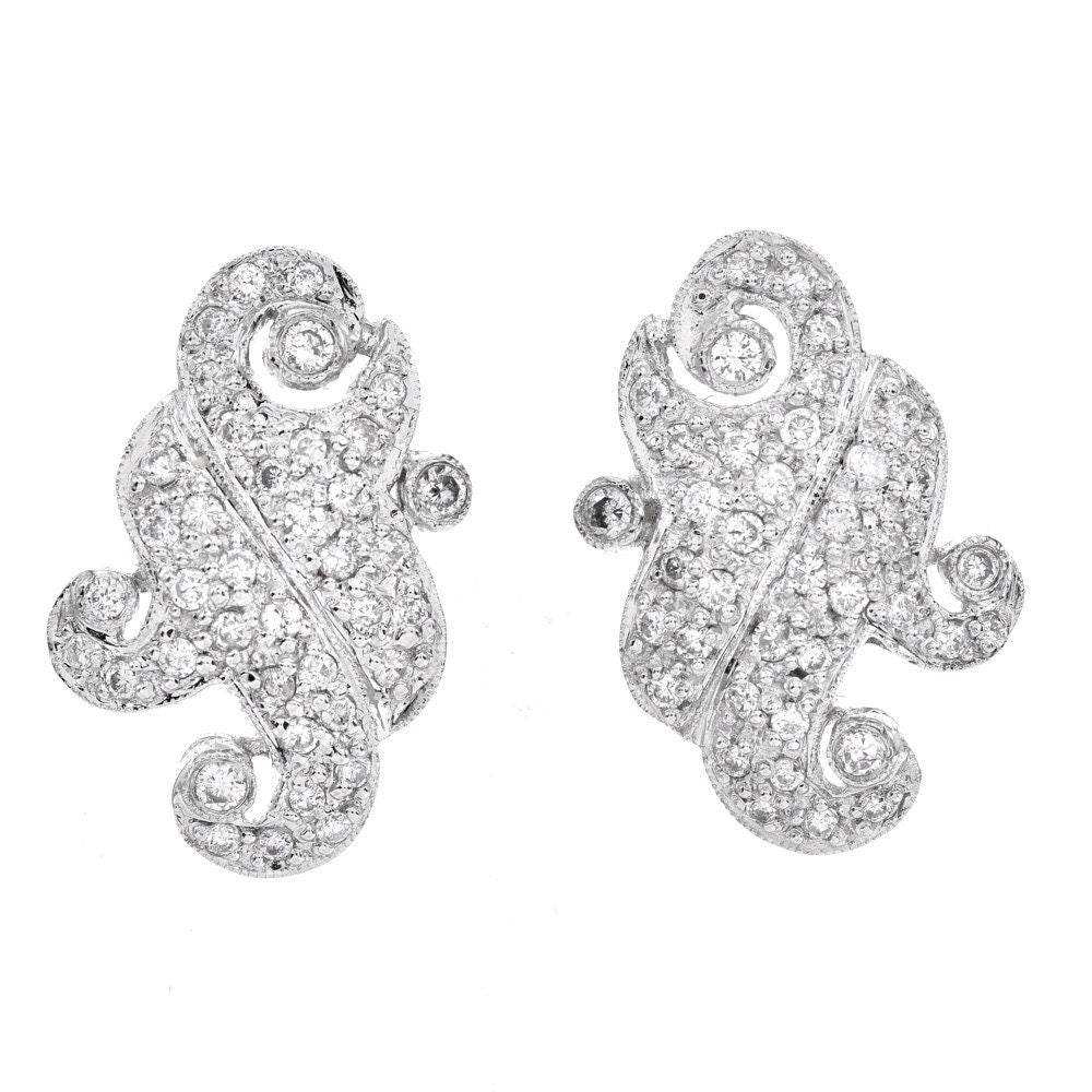 Estate Diamond 18K White Gold  Filigree Swirl Earrings