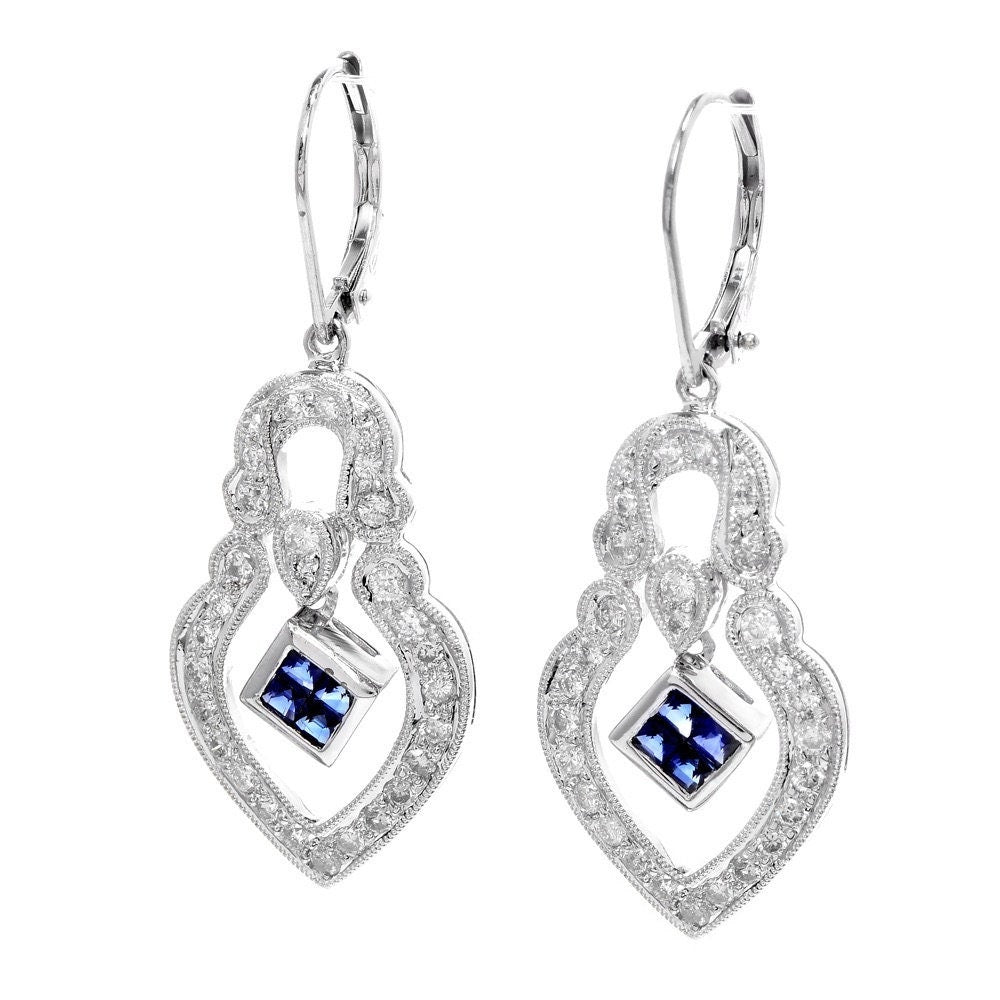 Estate Diamond and Sapphire White Gold Keyhole Shaped Milgrain Drop Earrings