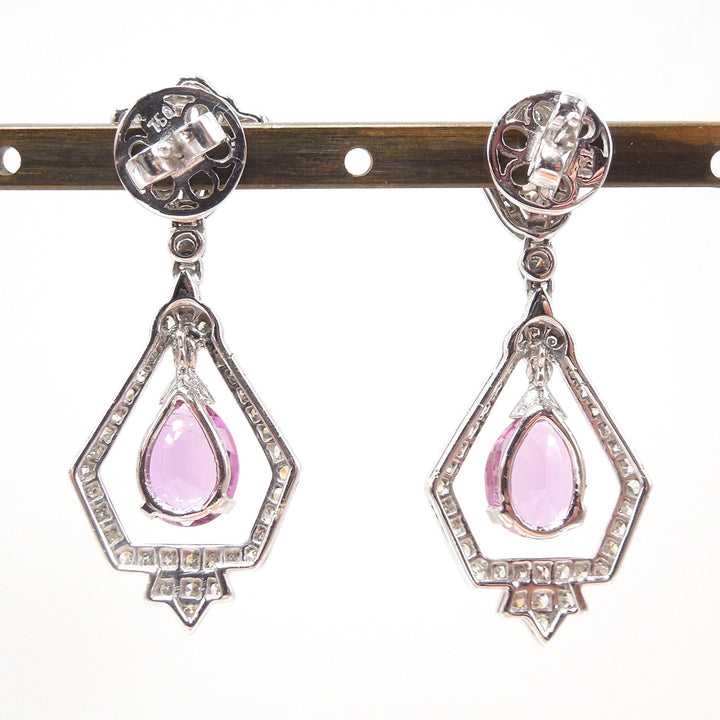 Art Deco Style Diamond and Pink Sapphire Drop Earrings in 18K White Gold