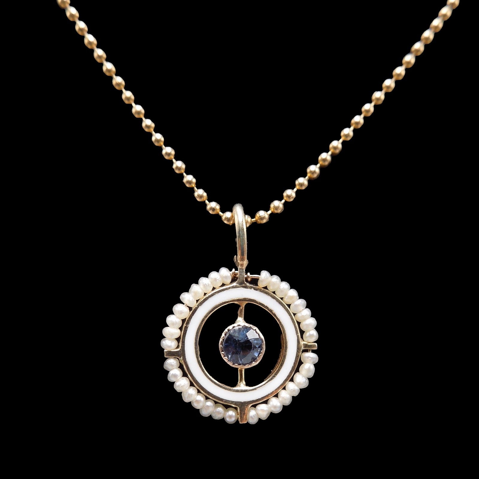 Antique Pearl and Sapphire Compass Pendant in Yellow Gold