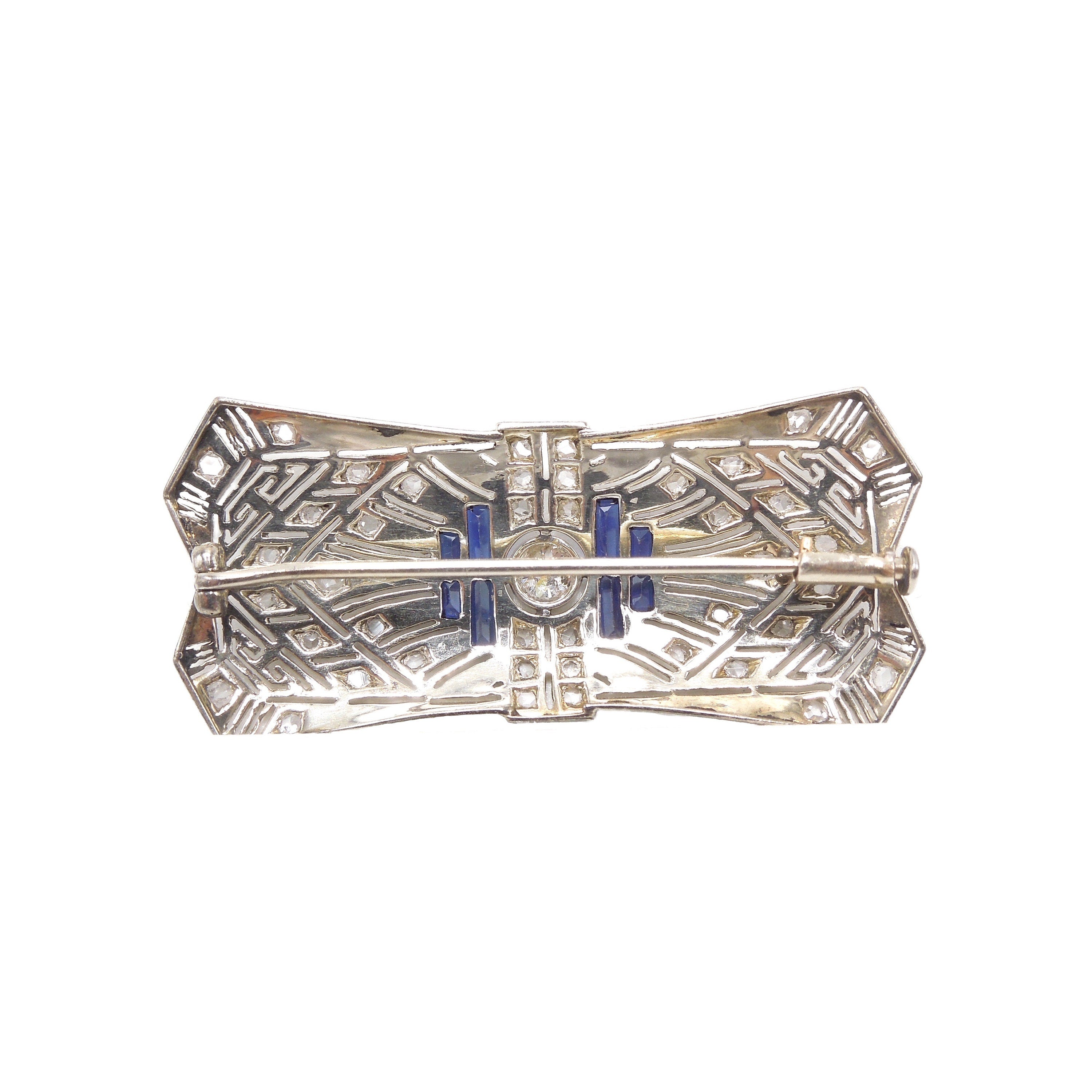 Estate Art Deco Platinum and 14K Filigree Brooch/Pendant with Diamonds and French Cut Sapphires