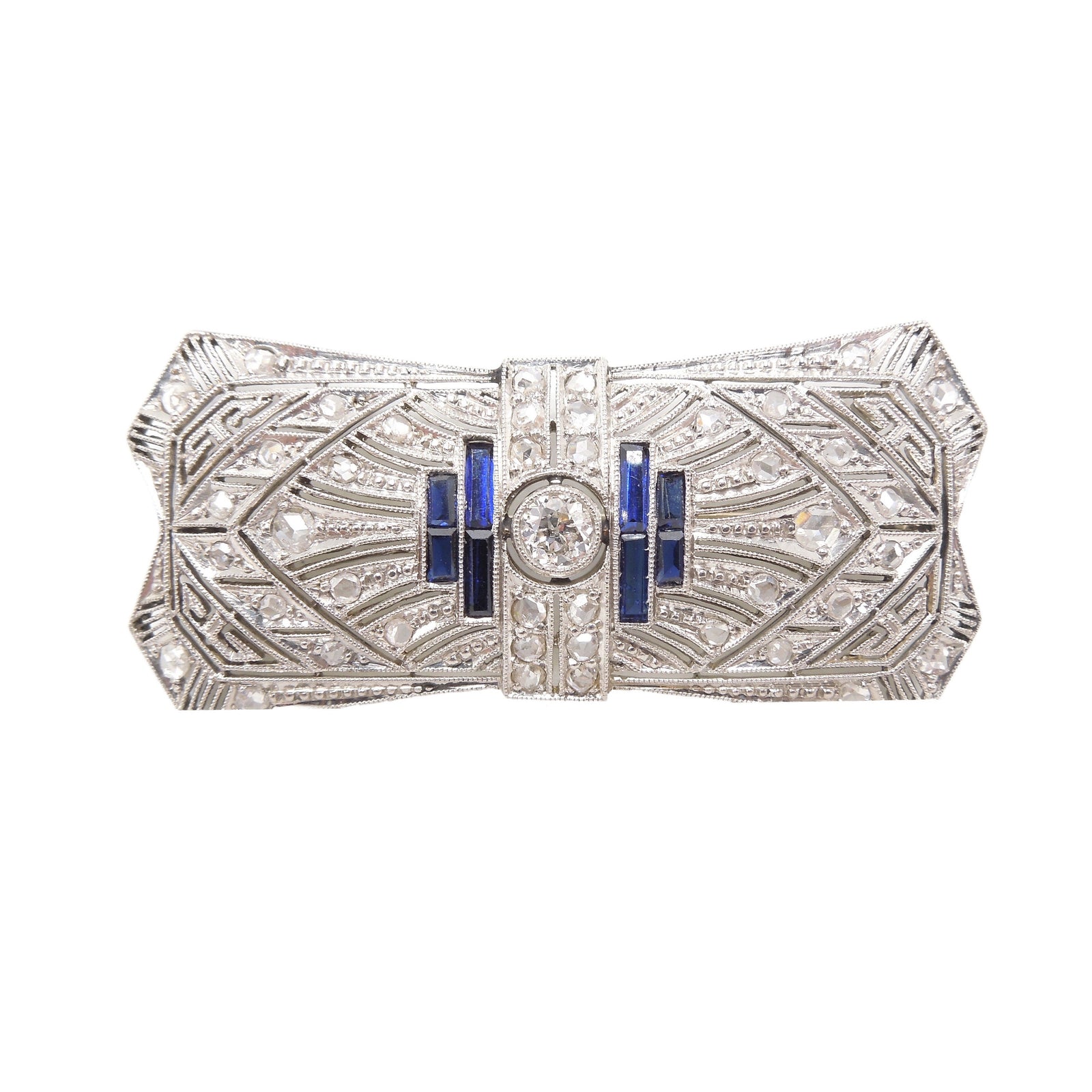 Estate Art Deco Platinum and 14K Filigree Brooch/Pendant with Diamonds and French Cut Sapphires