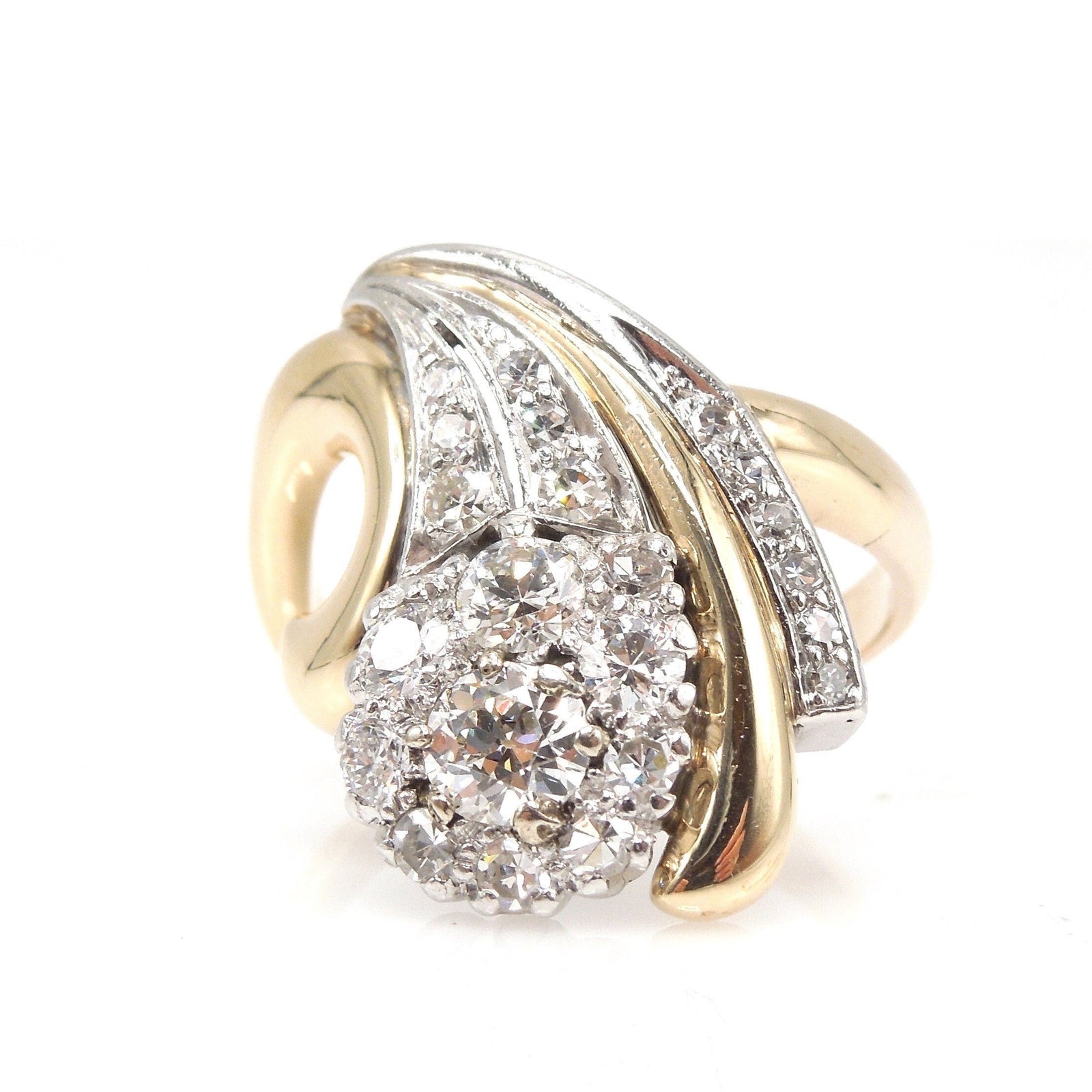 Midcentury Comet or Shooting Star Ring in Bicolor 14K Yellow and White Gold with Diamonds