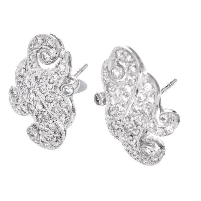 Estate Diamond 18K White Gold  Filigree Swirl Earrings