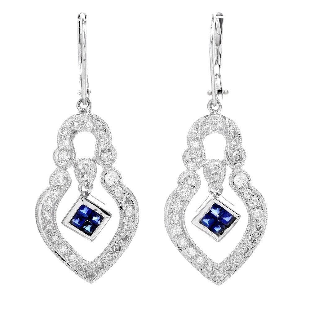 Estate Diamond and Sapphire White Gold Keyhole Shaped Milgrain Drop Earrings