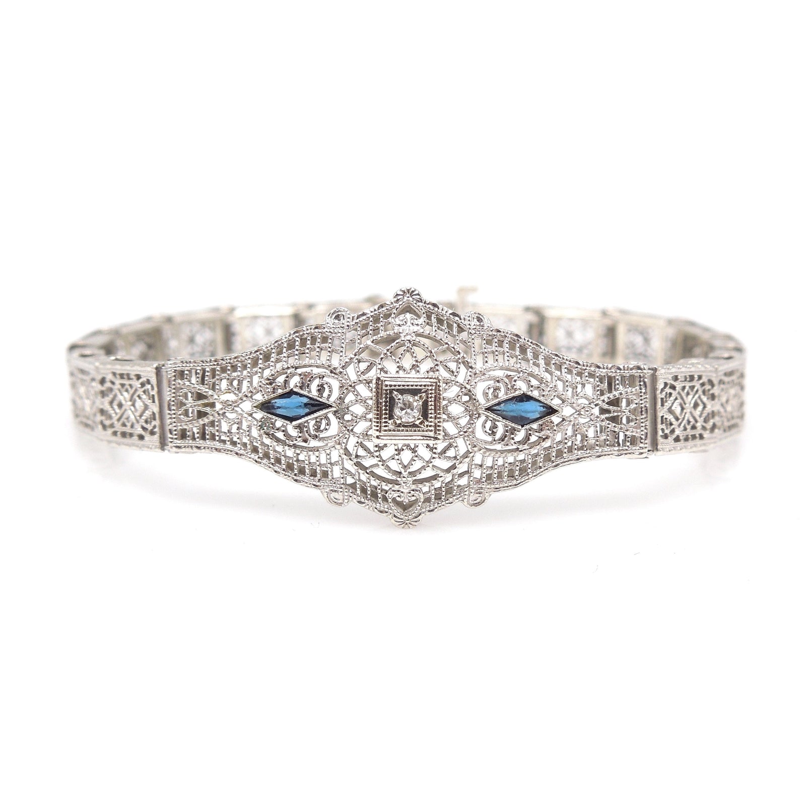 Antique Art Deco White Gold, Diamond, and Sapphire Bracelet - 7" Length