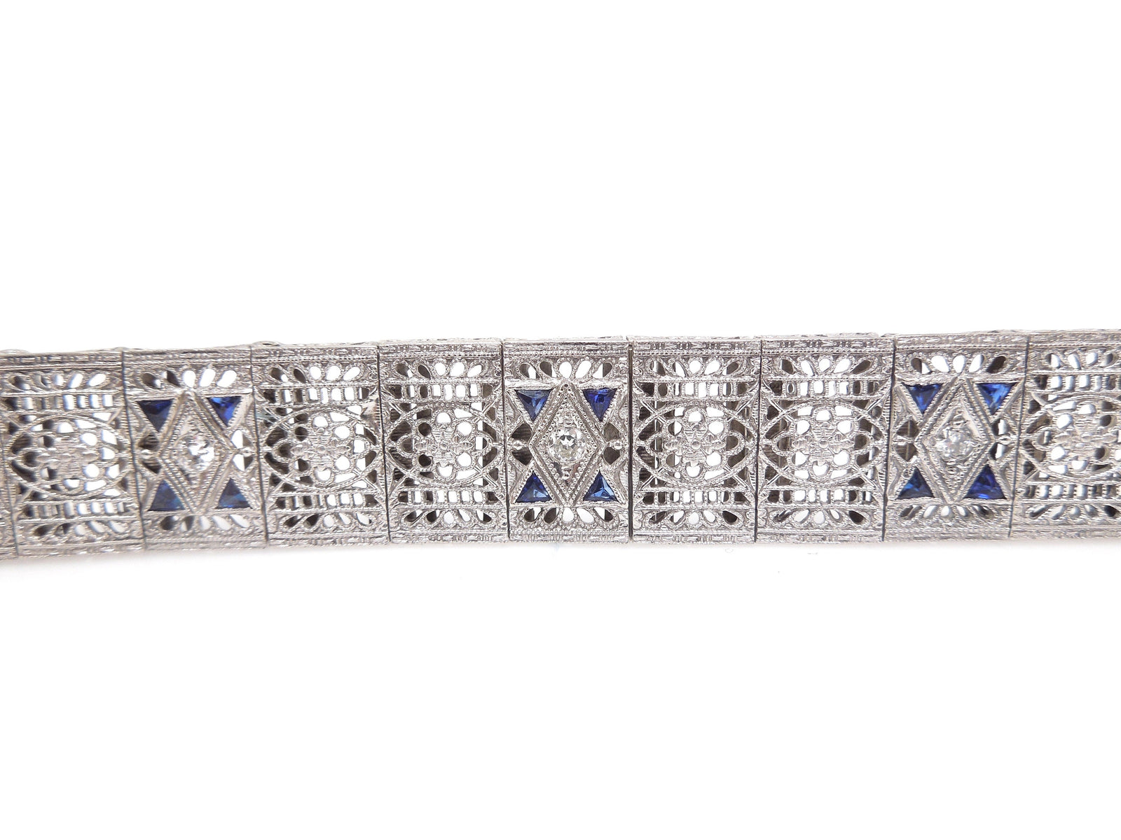 Wide Antique Art Deco Platinum and White Gold Filigree Link Bracelet with Diamonds and Sapphires
