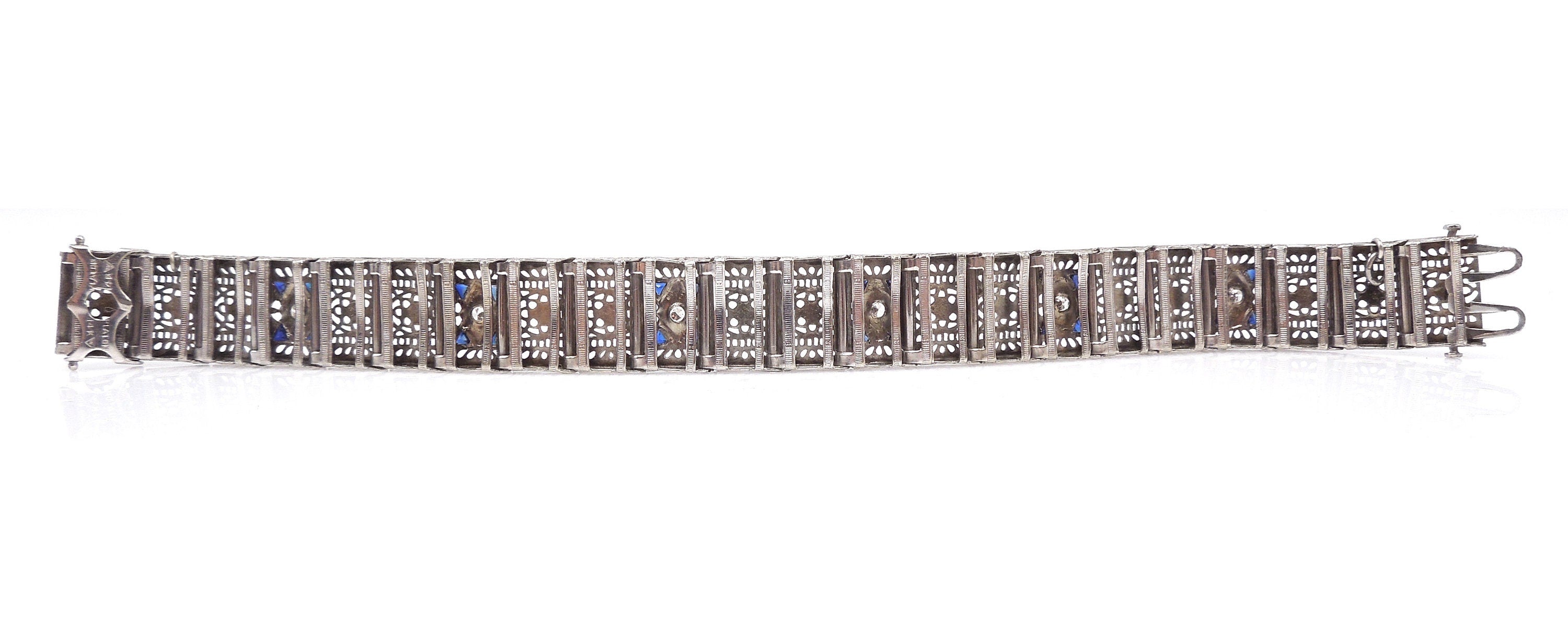 Wide Antique Art Deco Platinum and White Gold Filigree Link Bracelet with Diamonds and Sapphires