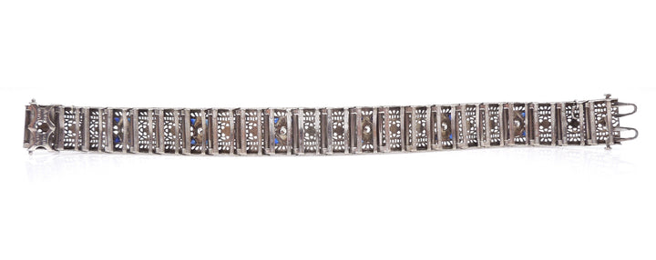 Wide Antique Art Deco Platinum and White Gold Filigree Link Bracelet with Diamonds and Sapphires