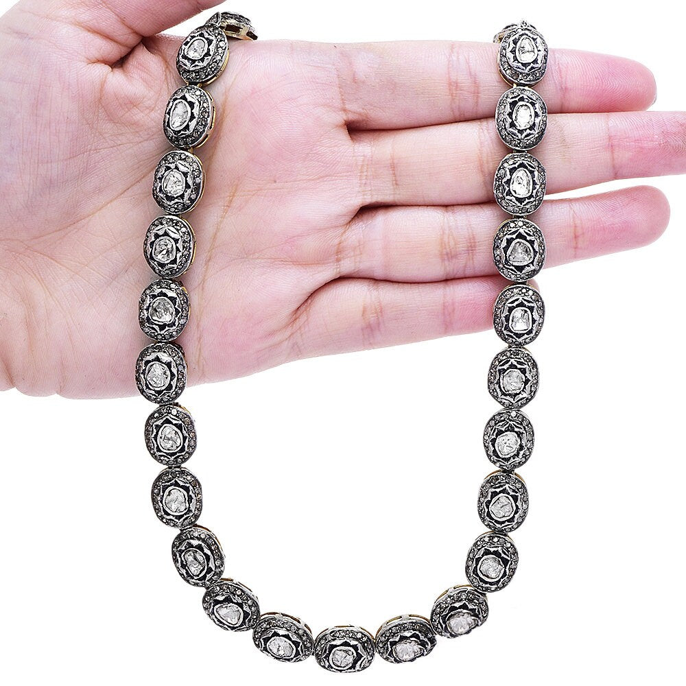 14.18ct Polki Diamond Sterling Silver and 14K Gold Plate Link Necklace