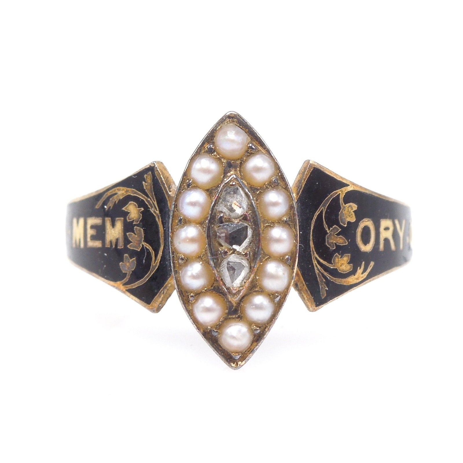 Victorian Mourning Jewelry (in Memory of) Marquise Shaped Cluster of Rose Cut Diamonds and Seed Pearls