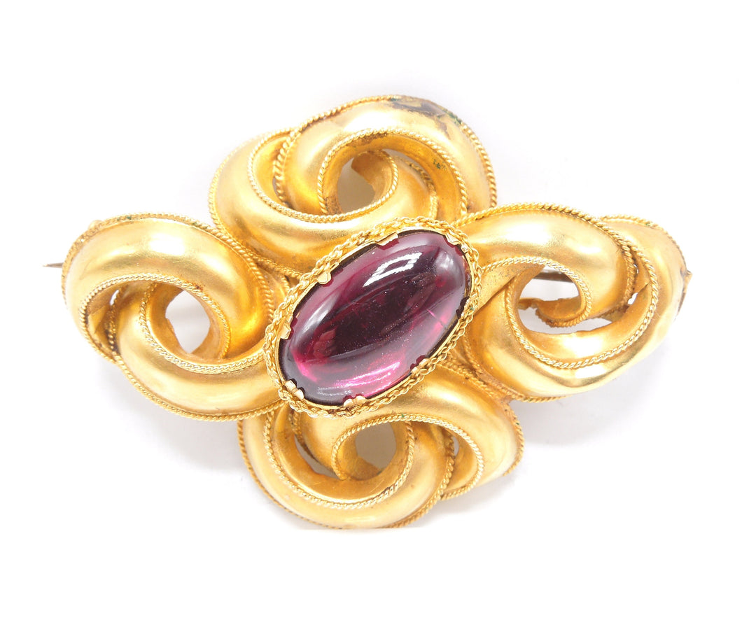 Large 14K Yellow Gold Lover's Knot Brooch with Oval Pink-Red Tourmaline (Rubellite)