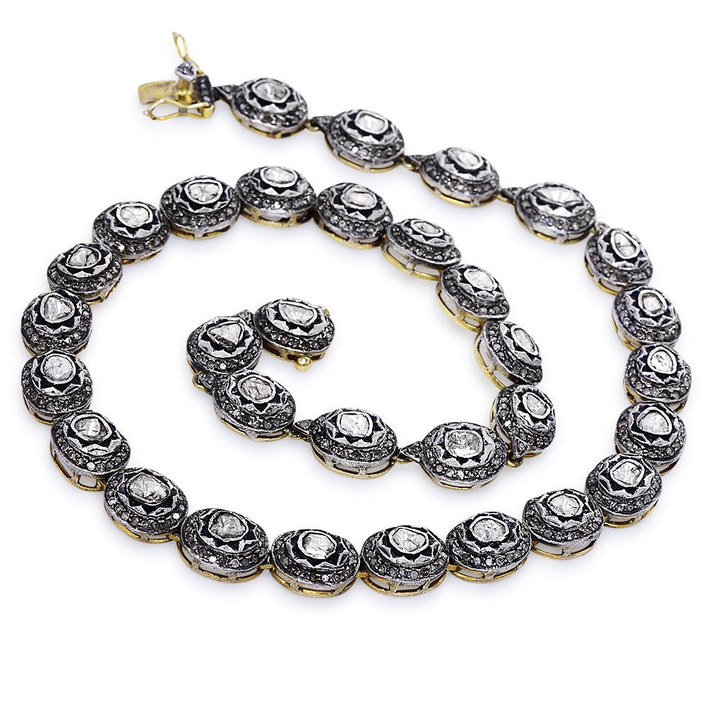 14.18ct Polki Diamond Sterling Silver and 14K Gold Plate Link Necklace