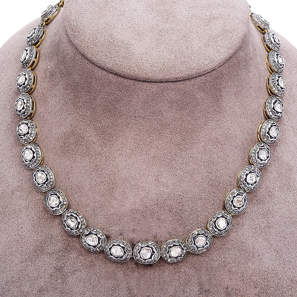 14.18ct Polki Diamond Sterling Silver and 14K Gold Plate Link Necklace