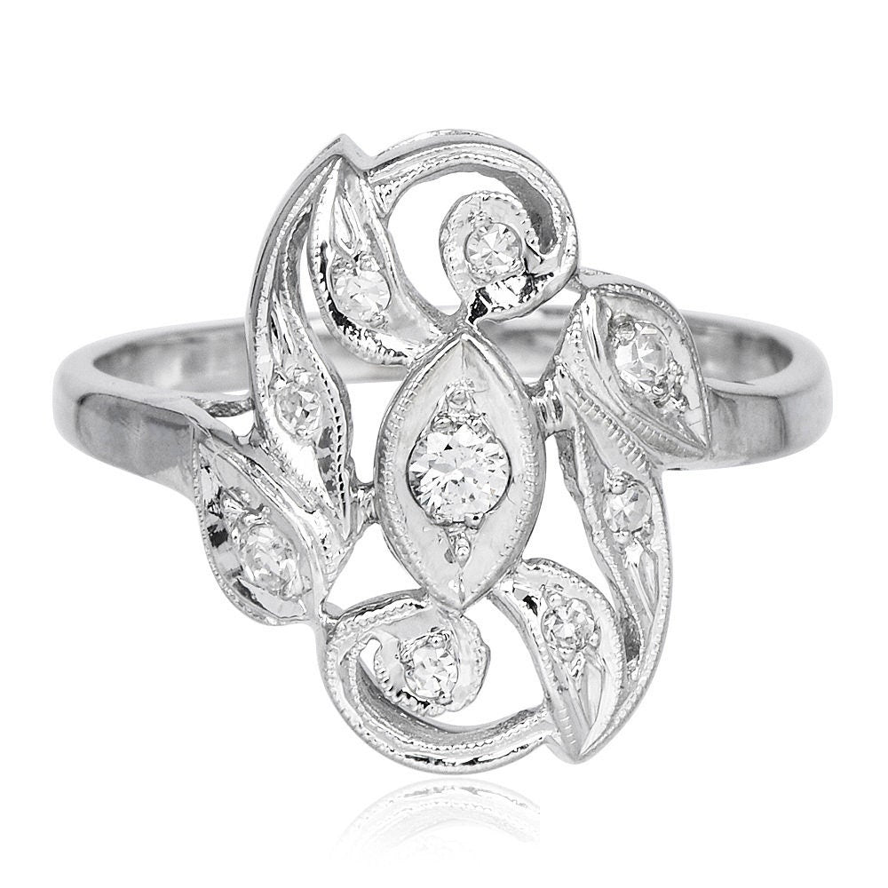 Estate 14K White Gold and Diamond Leaf Motif Engagement Ring
