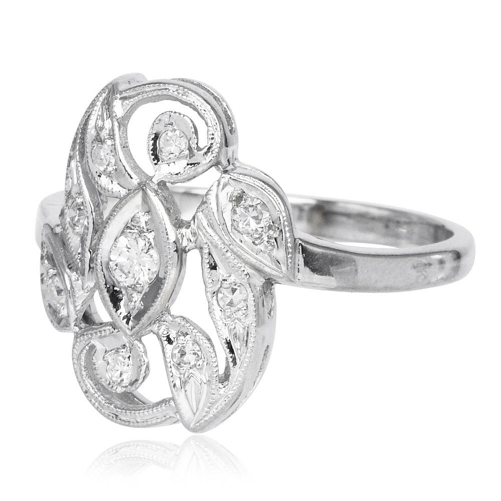 Estate 14K White Gold and Diamond Leaf Motif Engagement Ring