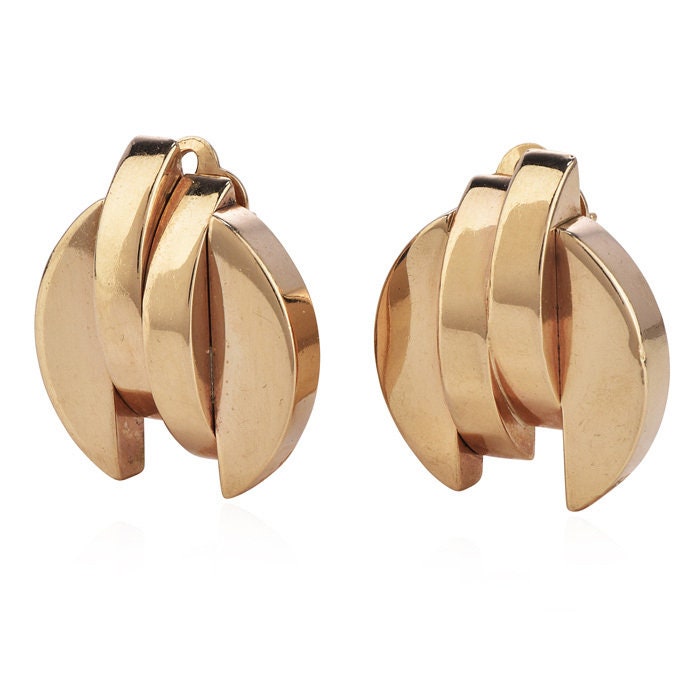 Large Vintage 14K Yellow Gold Retro Clip Earrings