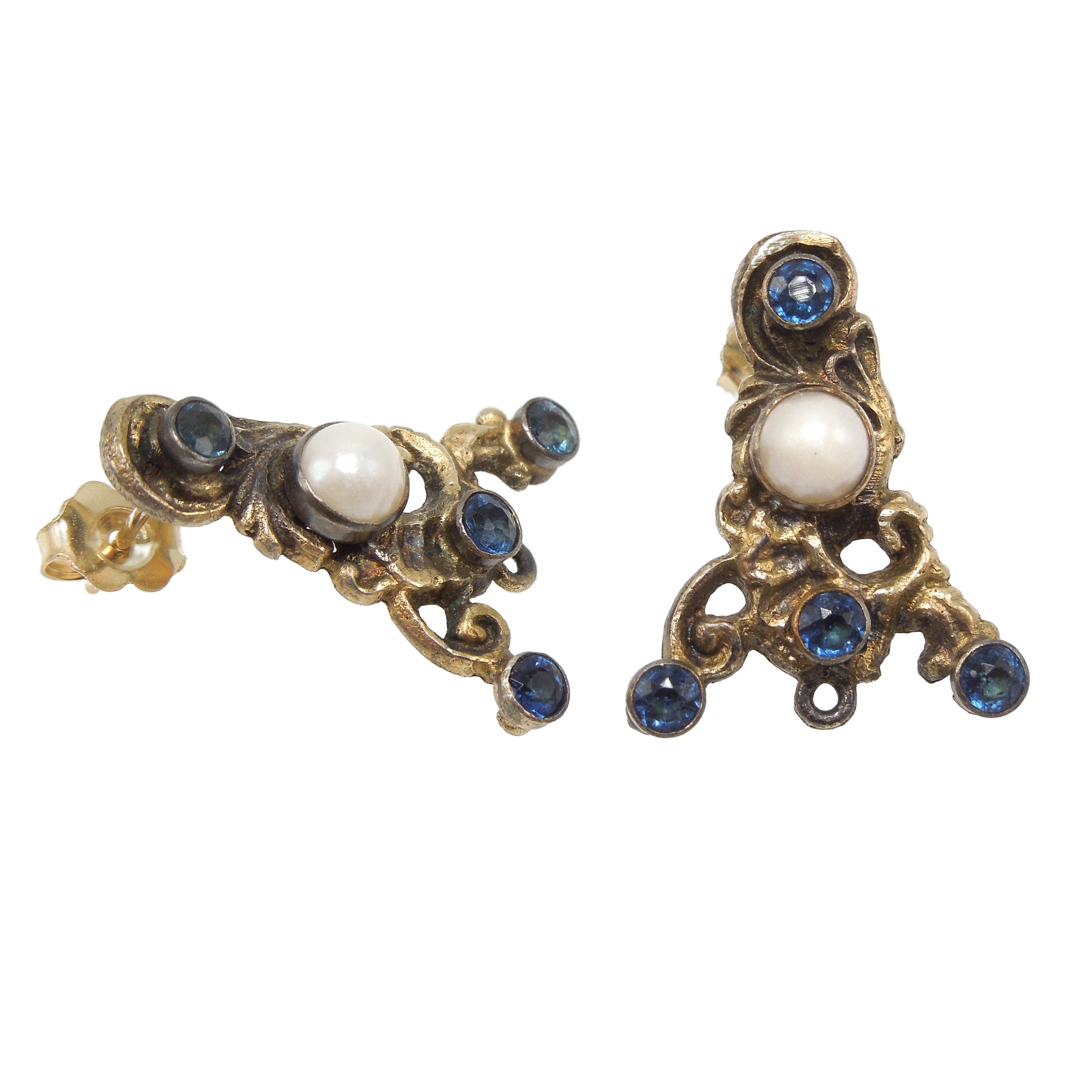Antique Austro-Hungarian Vermeil Earrings with Sapphires and Pearls