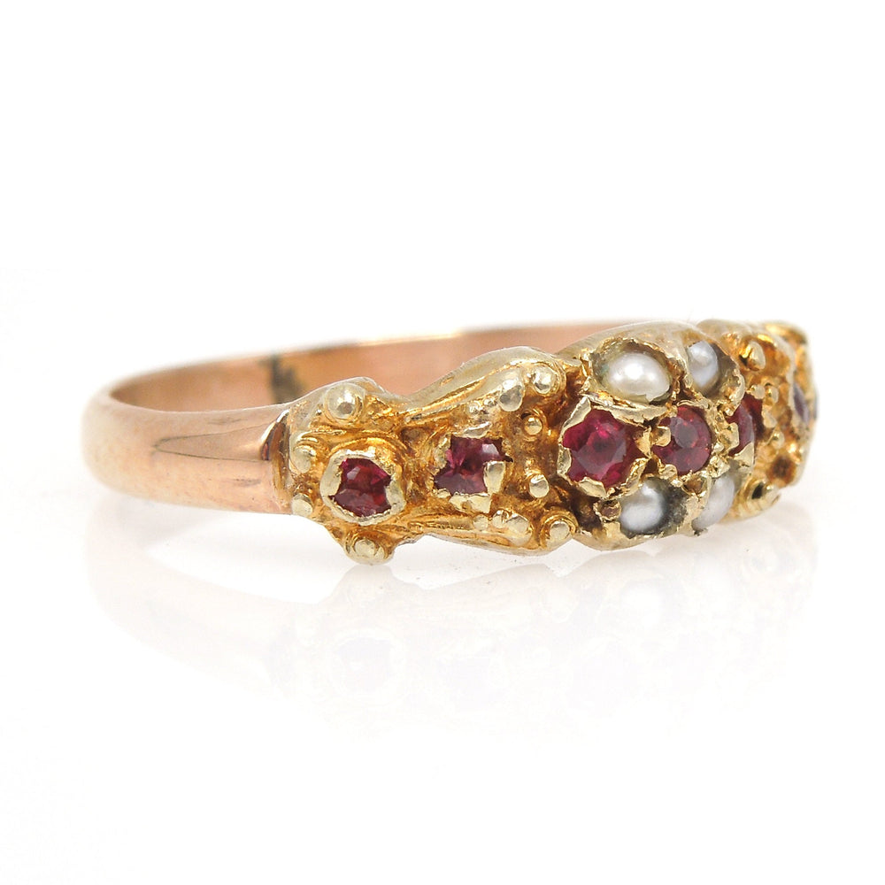 Petite Victorian Ruby and Seed Pearl Yellow Gold Band