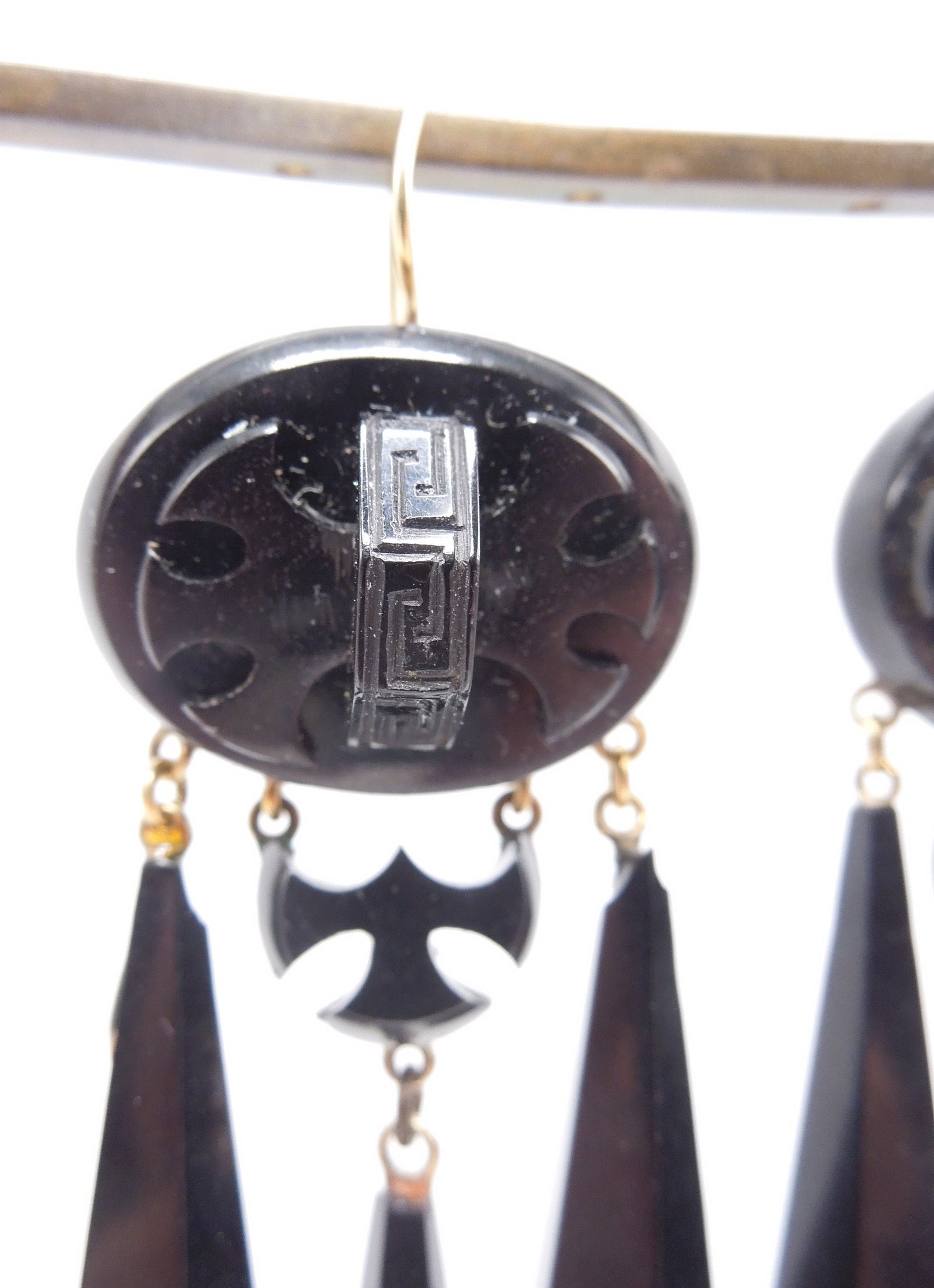 Antique Victorian Carved Jet Mourning Drop Earrings in 14K Yellow Gold