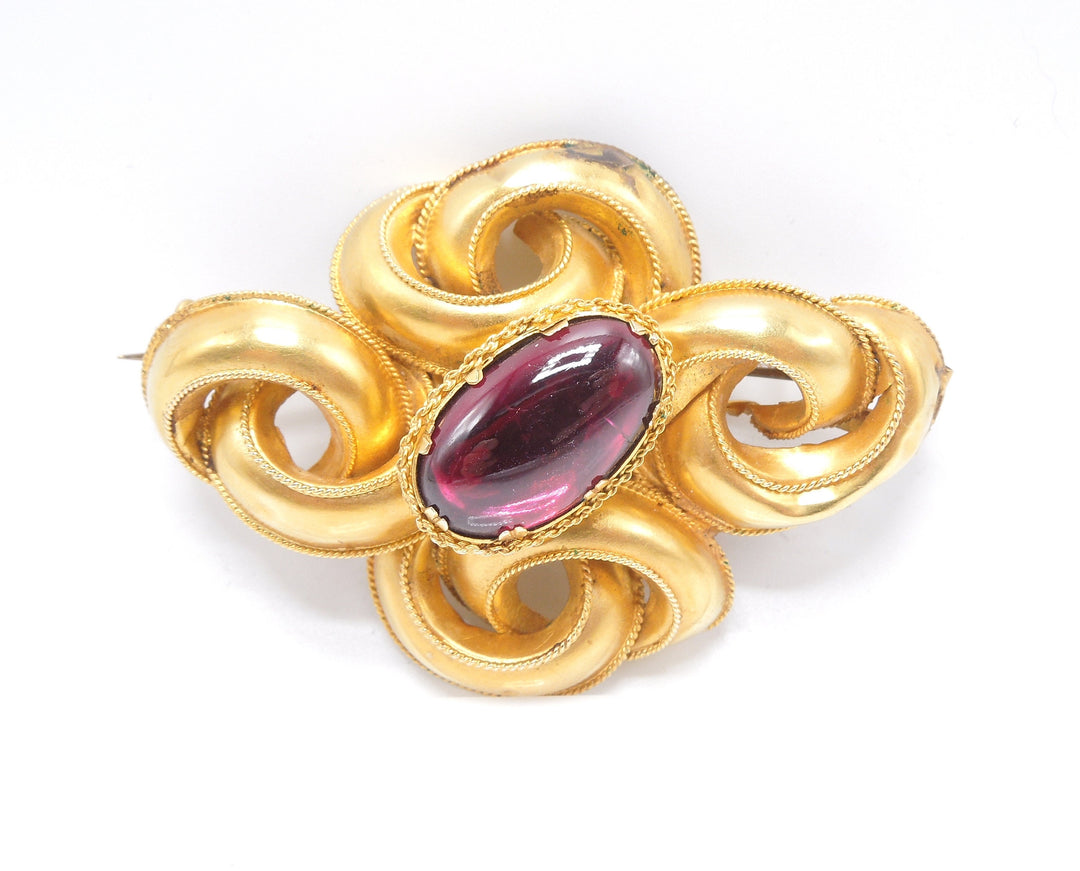 Large 14K Yellow Gold Lover's Knot Brooch with Oval Pink-Red Tourmaline (Rubellite)