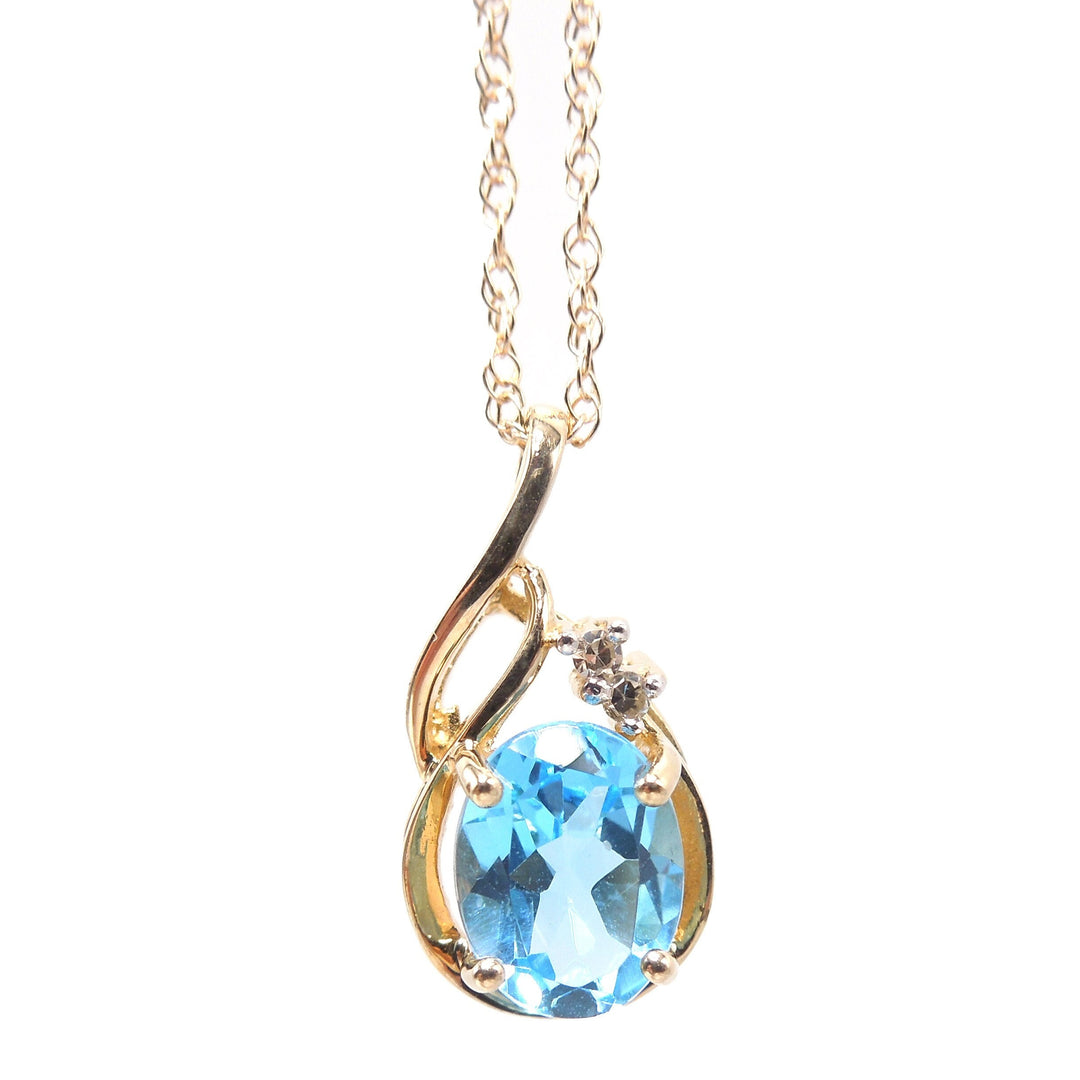 14K Yellow Gold Oval Blue Topaz and Diamond Necklace