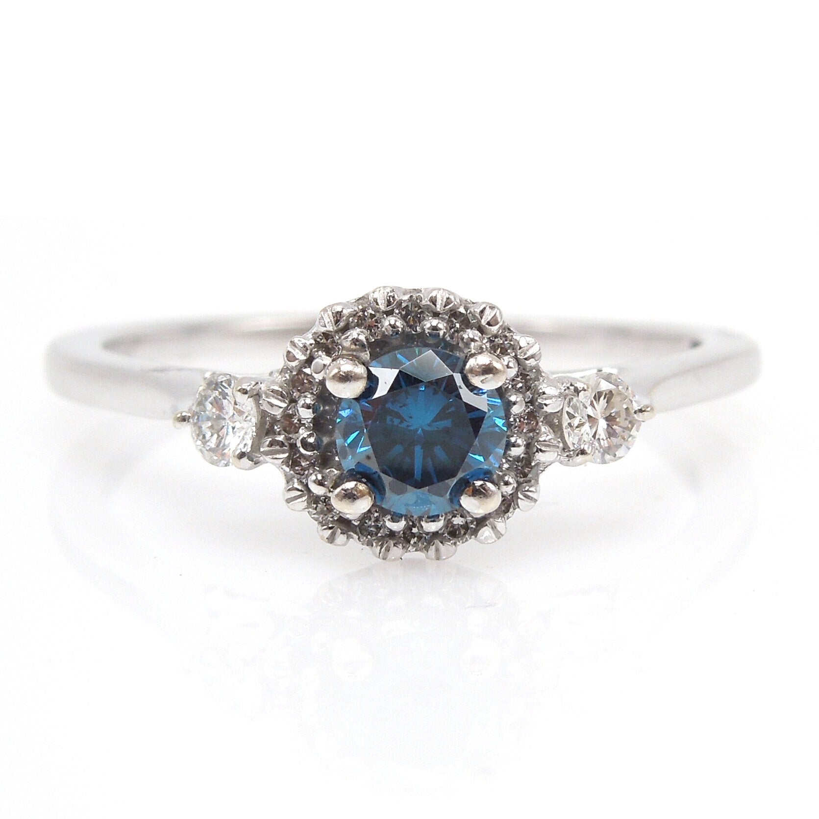 Third of a Carat Teal Blue Diamond Engagement Ring with Halo and Hidden Diamond