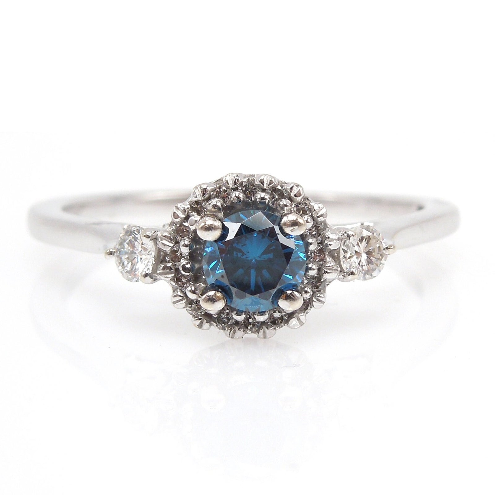 Third of a Carat Teal Blue Diamond Engagement Ring with Halo and Hidden Diamond
