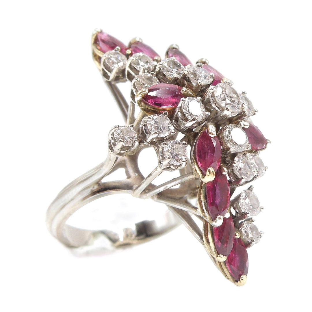 Large Marquise Ruby and Round Diamond Twisted Cluster Ring in White Gold