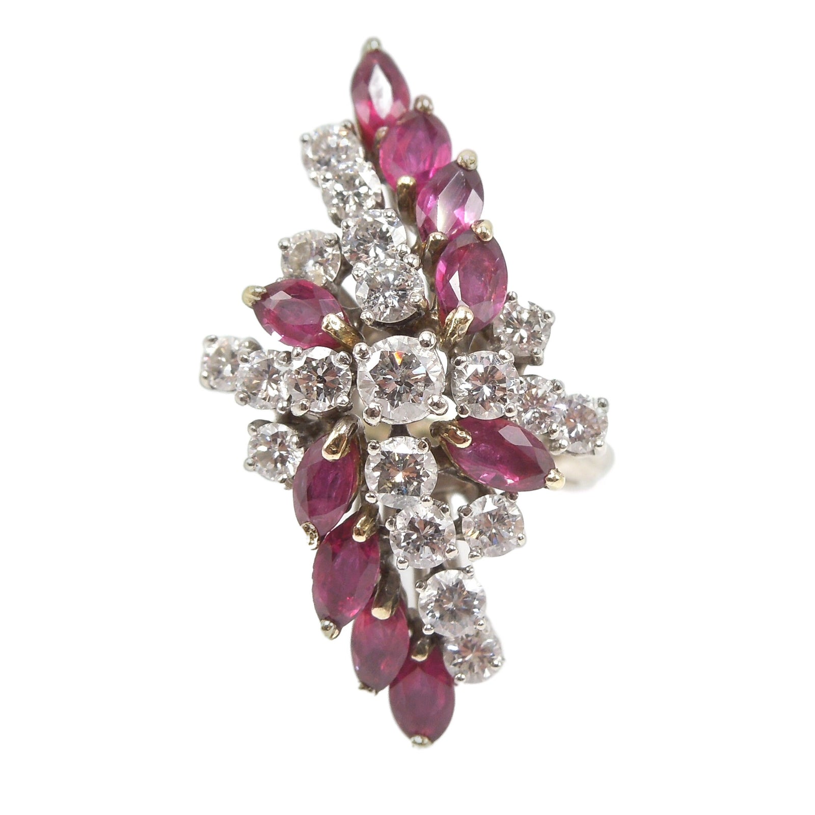 Large Marquise Ruby and Round Diamond Twisted Cluster Ring in White Gold