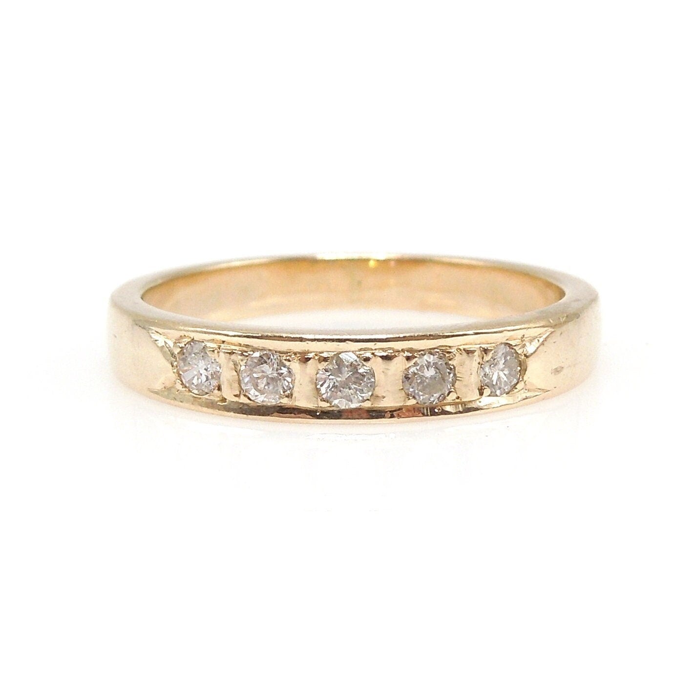 Five Diamond 18K Yellow Gold Midcentury Wedding Band