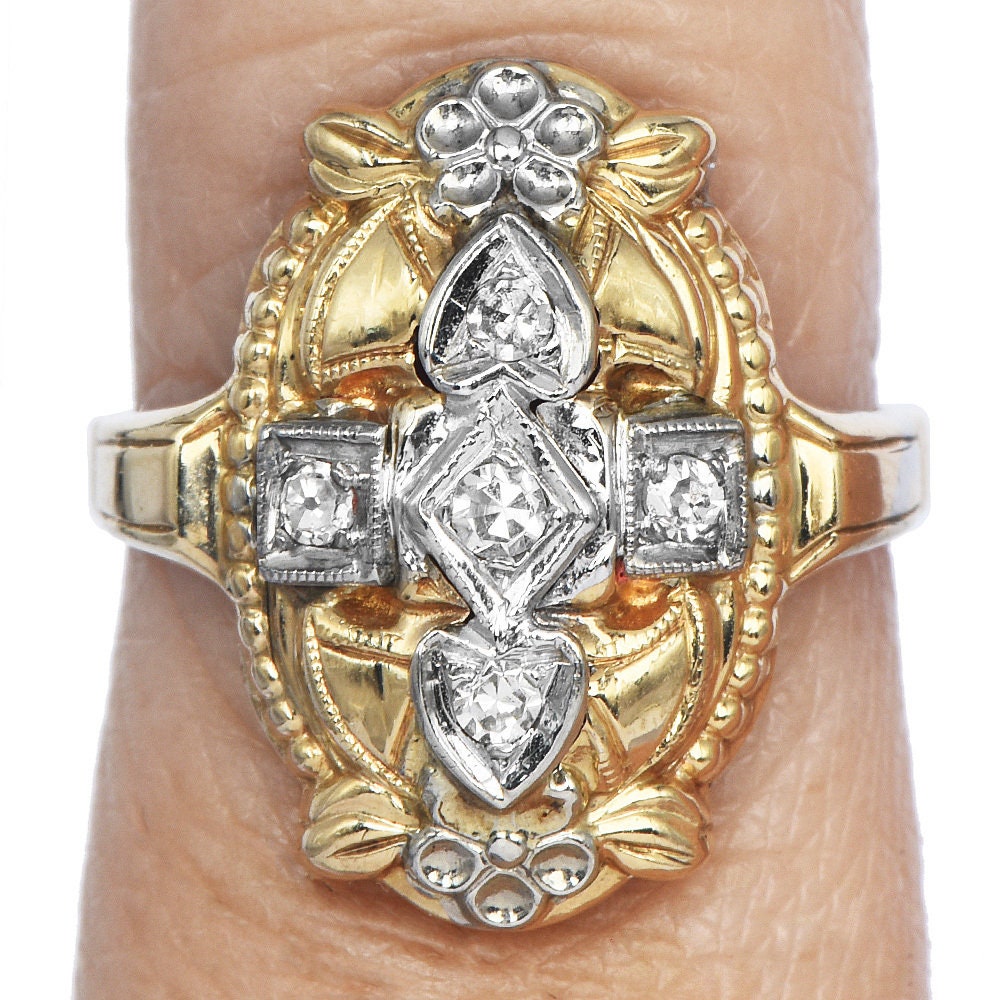 Vintage Two Tone Bicolor Gold Navette Engagement Ring with Diamonds