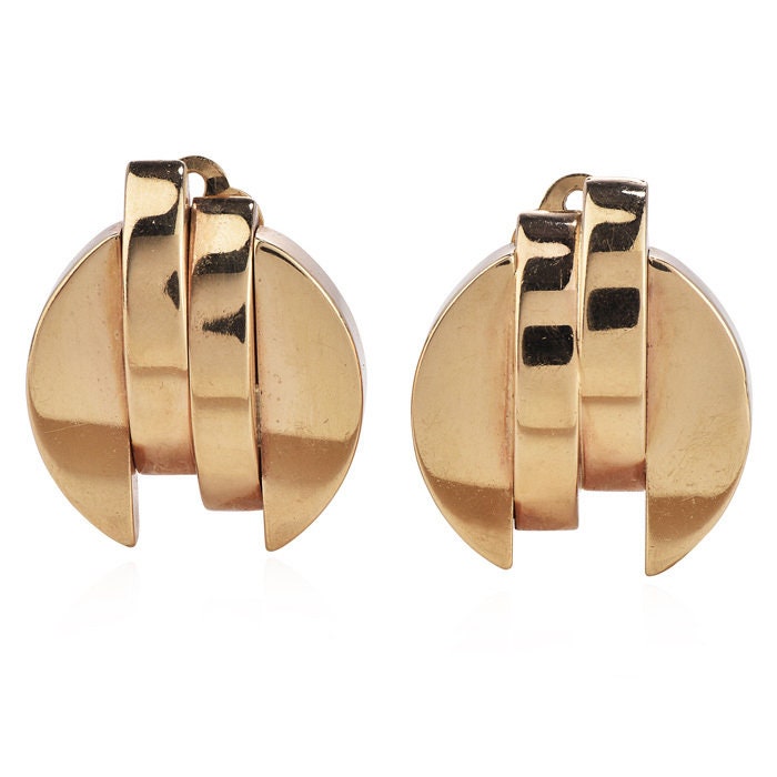 Large Vintage 14K Yellow Gold Retro Clip Earrings