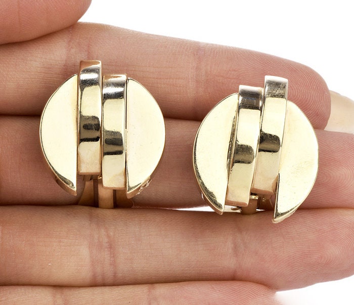 Large Vintage 14K Yellow Gold Retro Clip Earrings