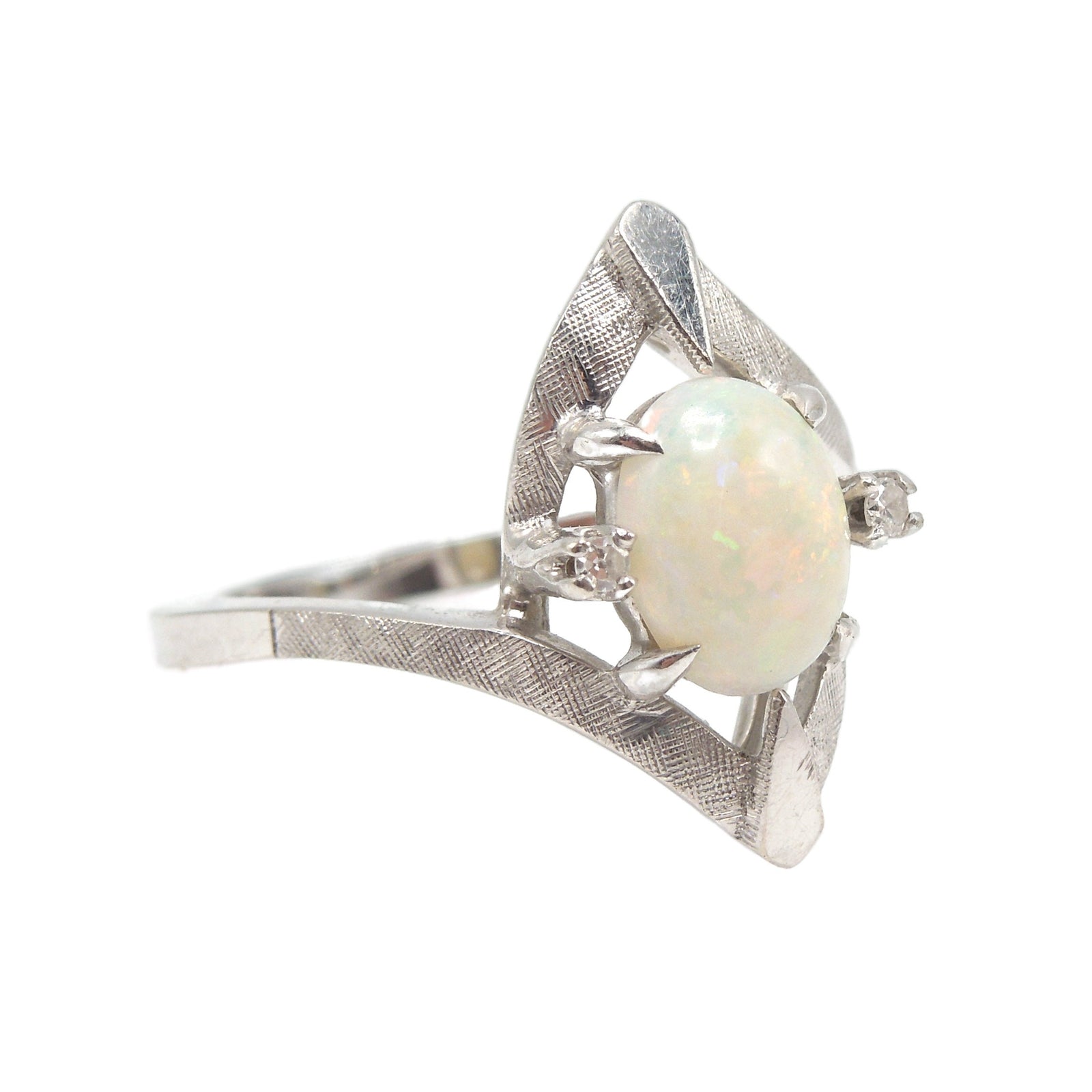 Designer Midcentury Opal and Diamond White Gold Bypass Ring