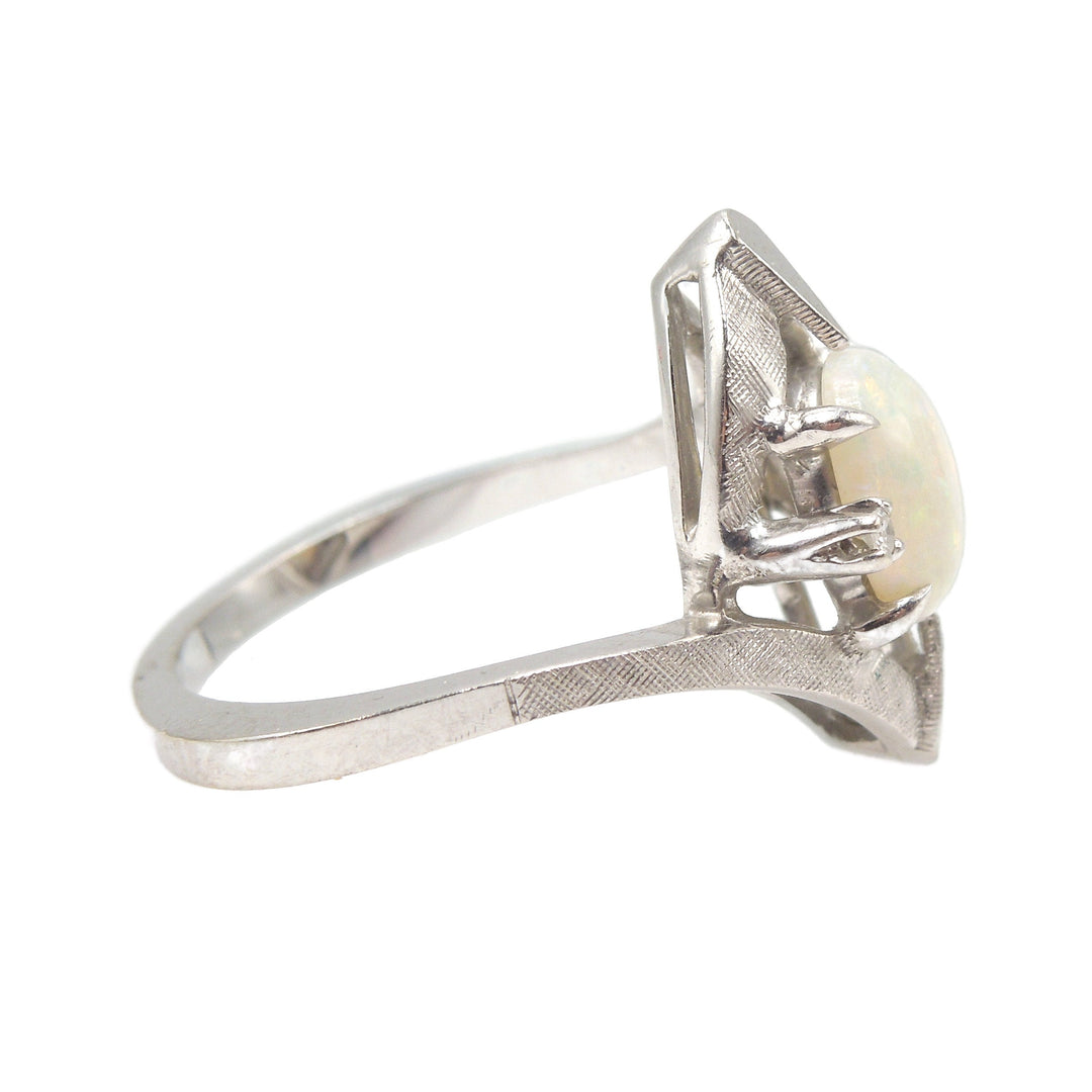 Designer Midcentury Opal and Diamond White Gold Bypass Ring