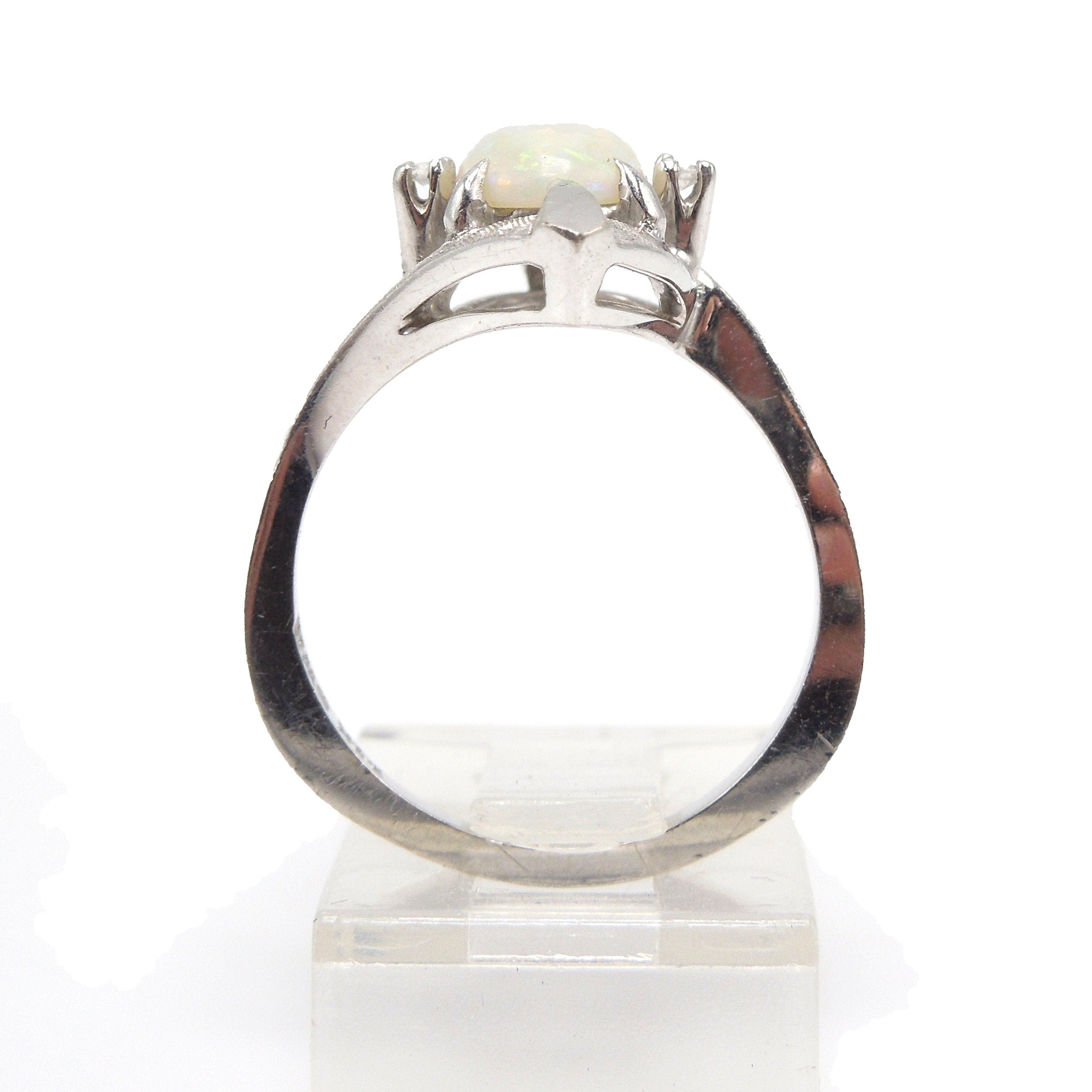 Designer Midcentury Opal and Diamond White Gold Bypass Ring