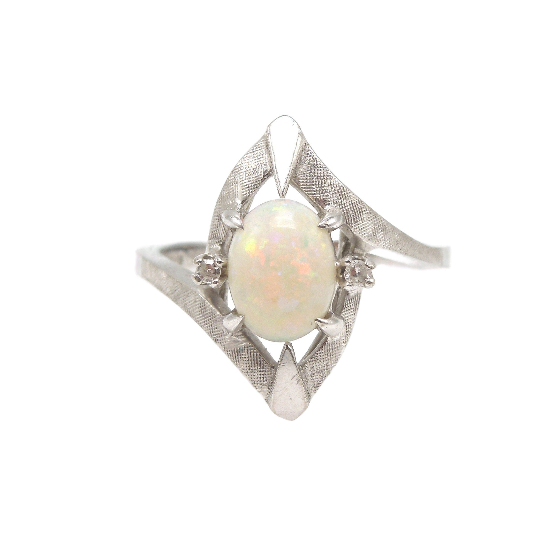 Designer Midcentury Opal and Diamond White Gold Bypass Ring