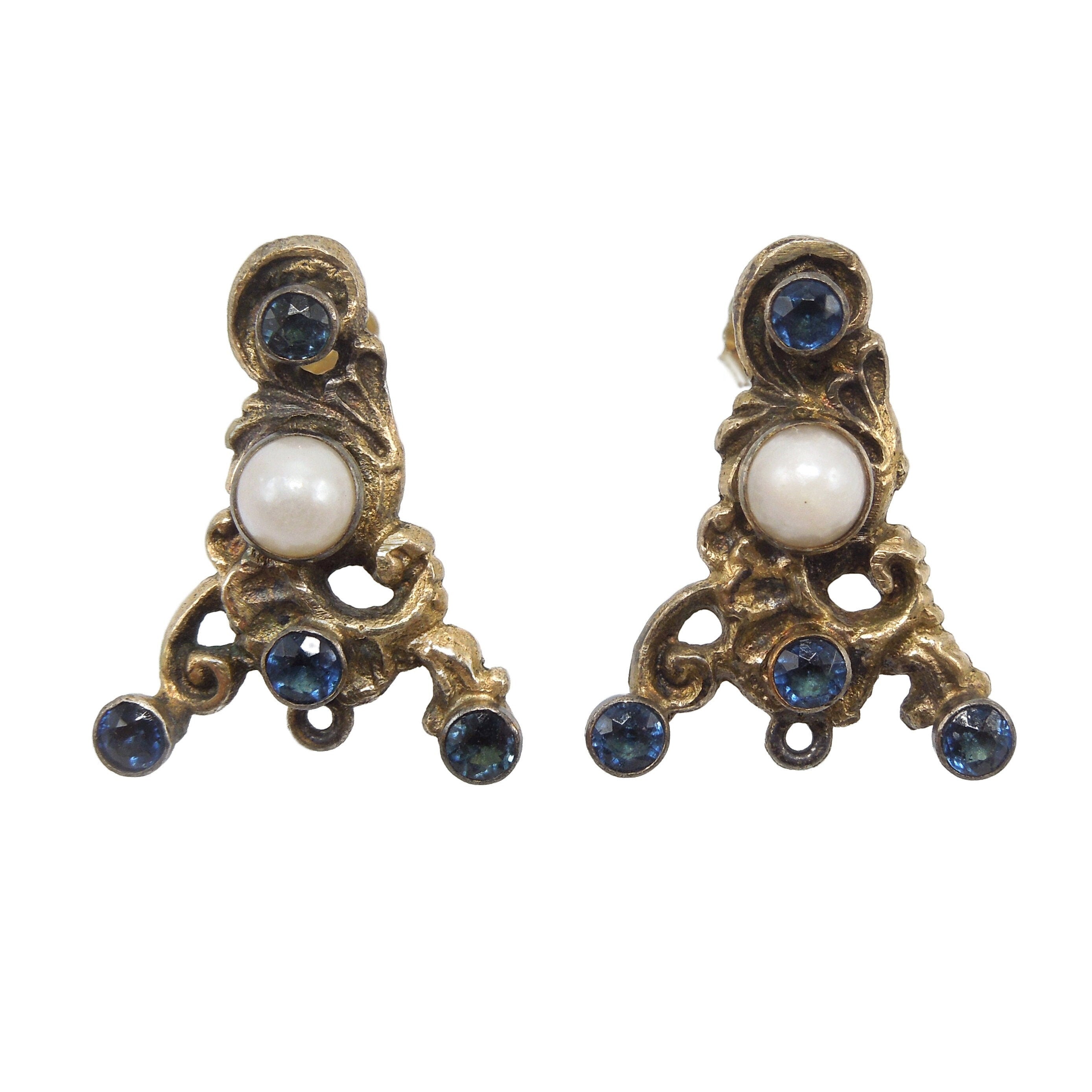 Antique Austro-Hungarian Vermeil Earrings with Sapphires and Pearls