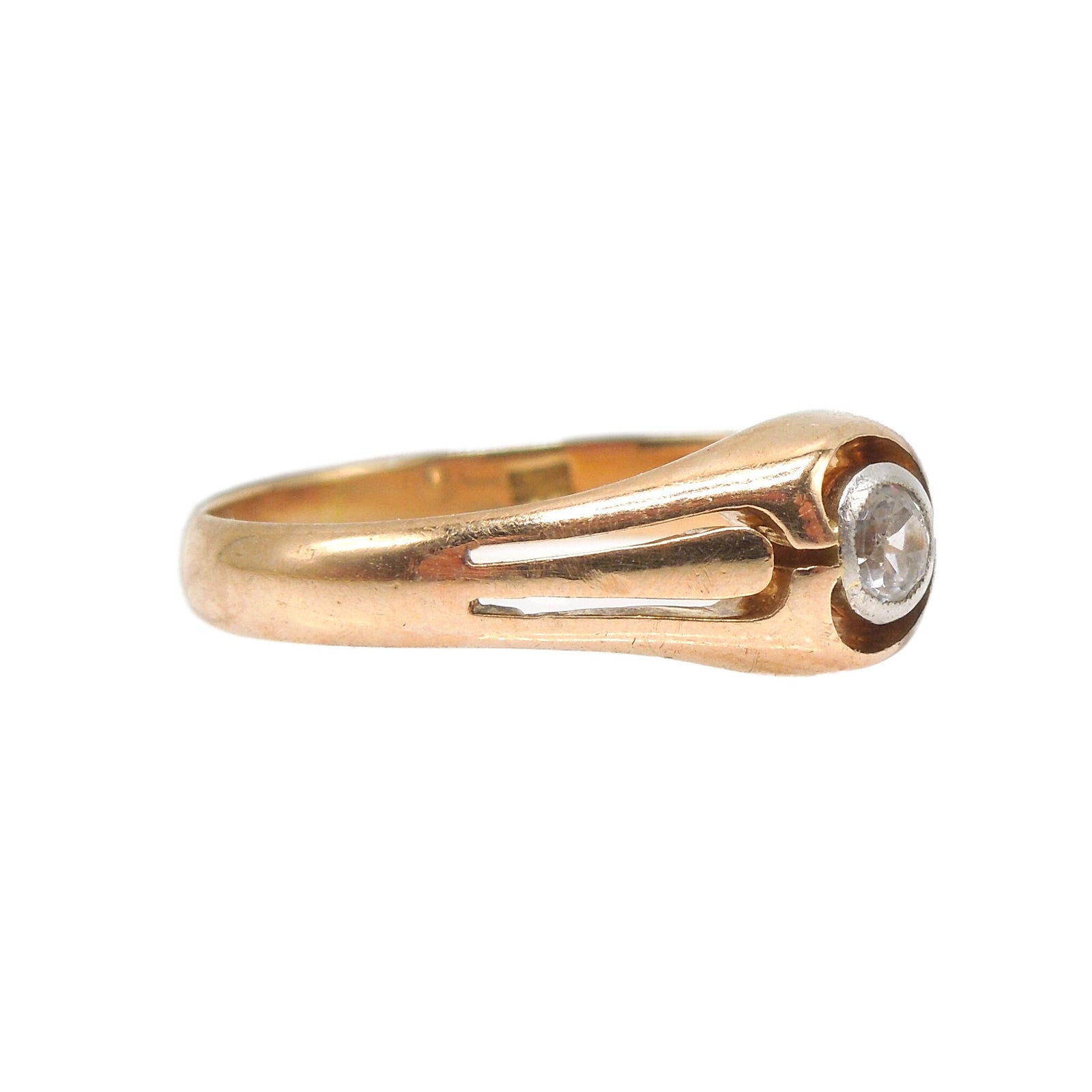 Midcentury Bezel Set 0.10ct Diamond in Bicolor Gold Setting with Cutouts