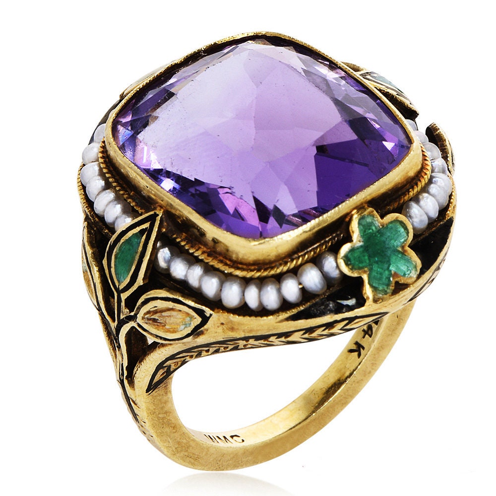 Edwardian Amethyst, Pearl, and Enamel Floral Ring in Yellow Gold by Wolcott Mfg. Co.