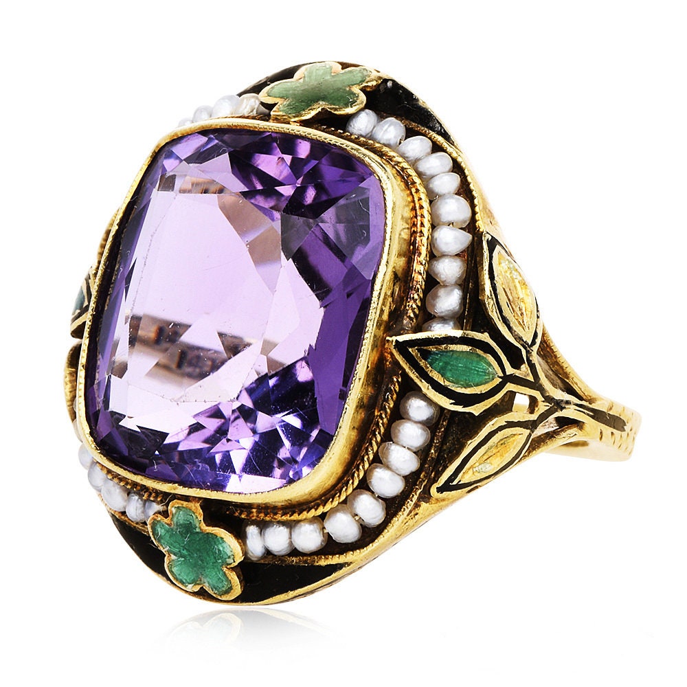 Edwardian Amethyst, Pearl, and Enamel Floral Ring in Yellow Gold by Wolcott Mfg. Co.