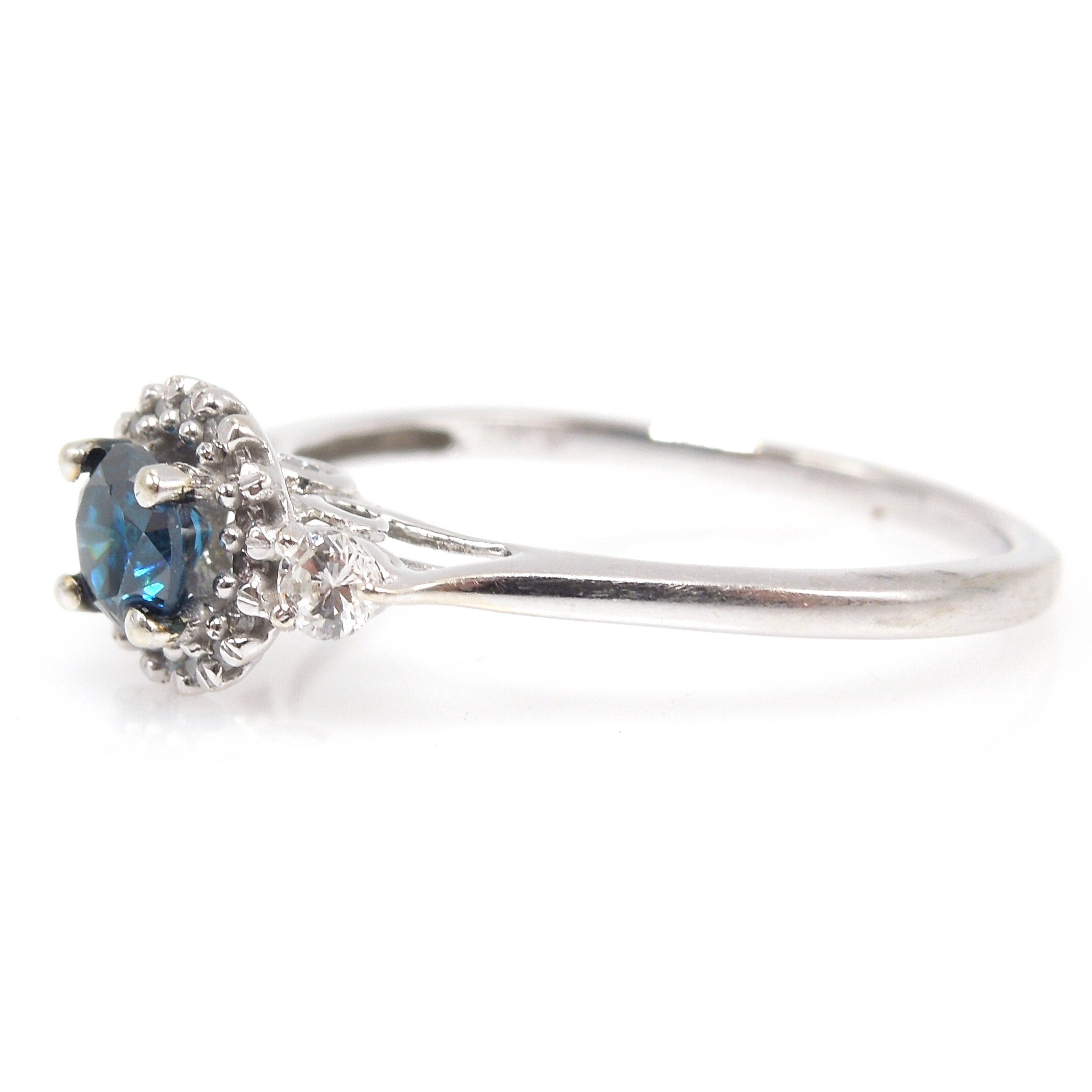 Third of a Carat Teal Blue Diamond Engagement Ring with Halo and Hidden Diamond