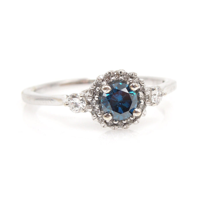 Third of a Carat Teal Blue Diamond Engagement Ring with Halo and Hidden Diamond