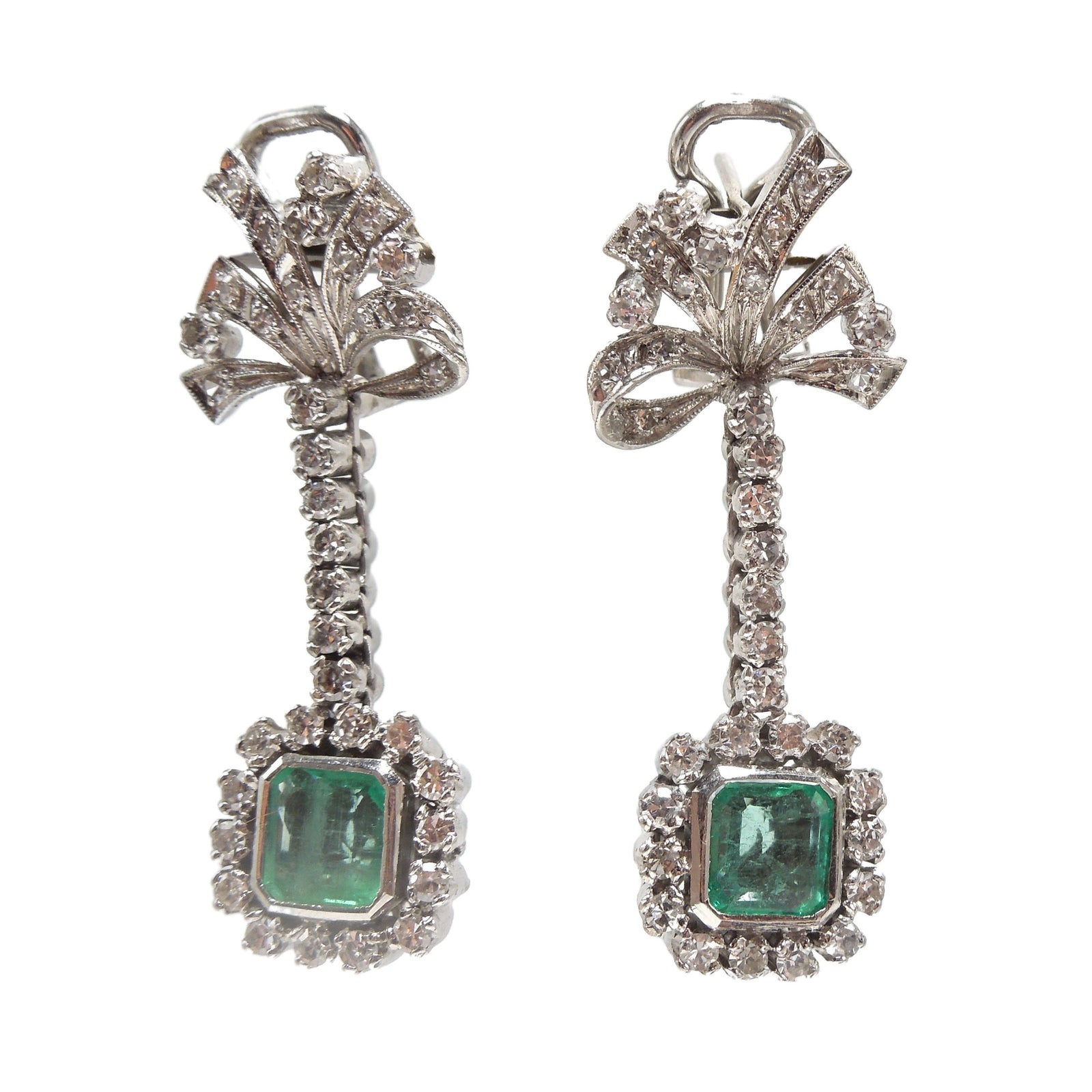 Vintage Emerald and Diamond Drop Earrings with Omega Backs in Palladium