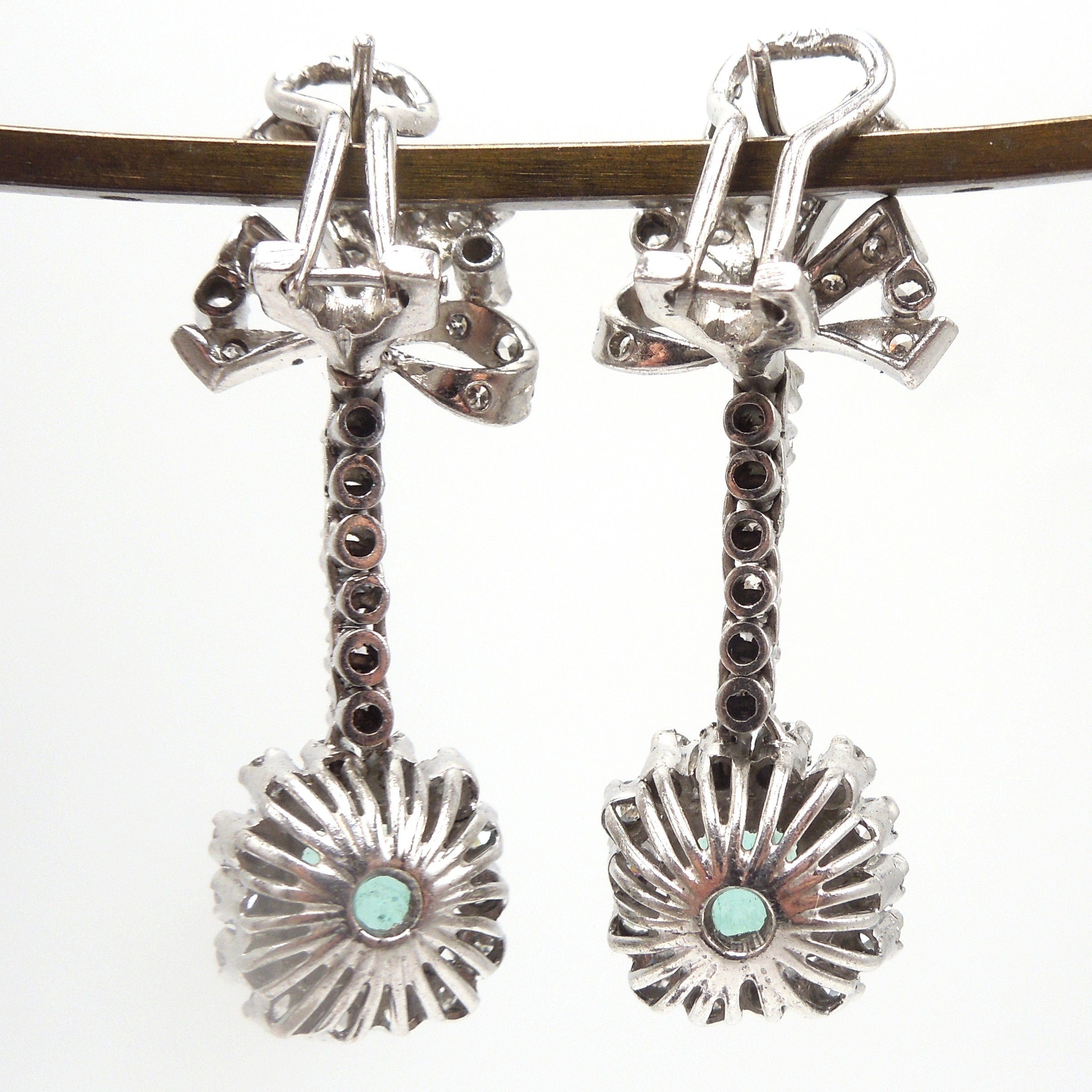 Vintage Emerald and Diamond Drop Earrings with Omega Backs in Palladium