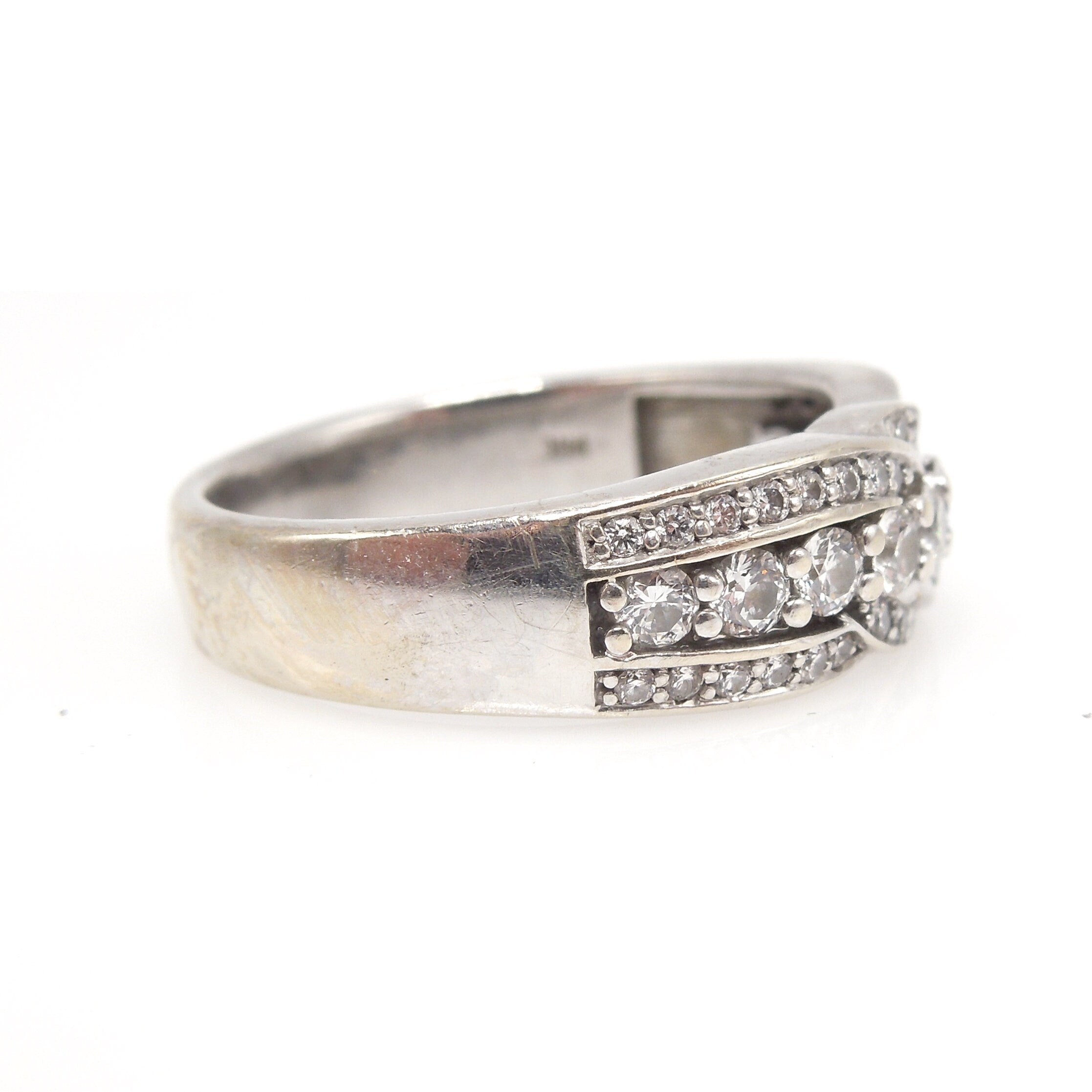 Vintage Carved Diamond and 14K White Gold Three Row Crossover Engagement Ring or Wedding Band