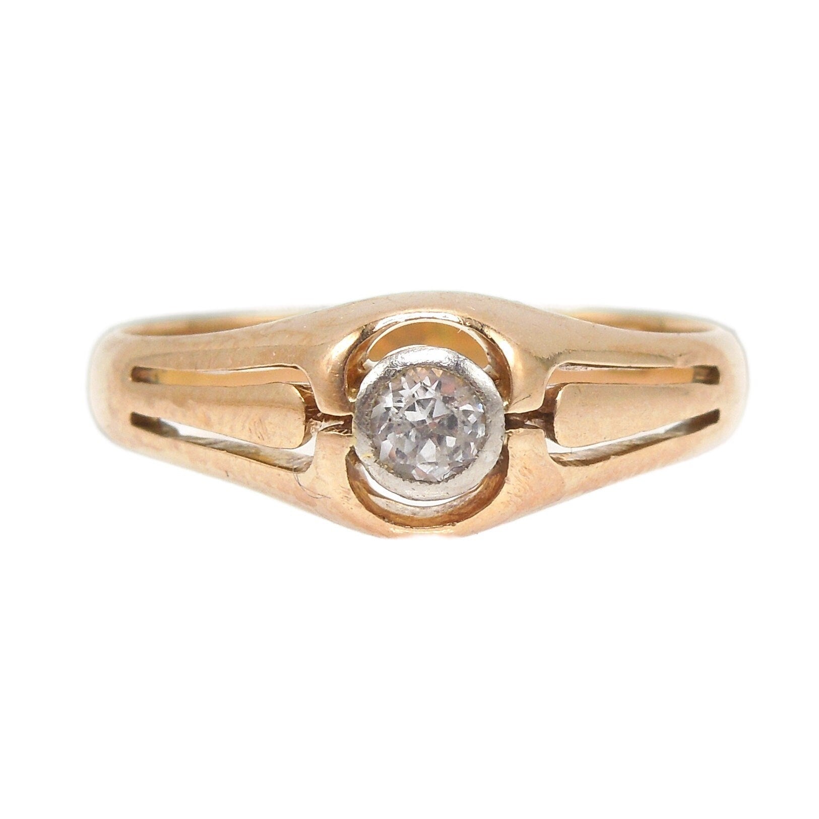 Midcentury Bezel Set 0.10ct Diamond in Bicolor Gold Setting with Cutouts