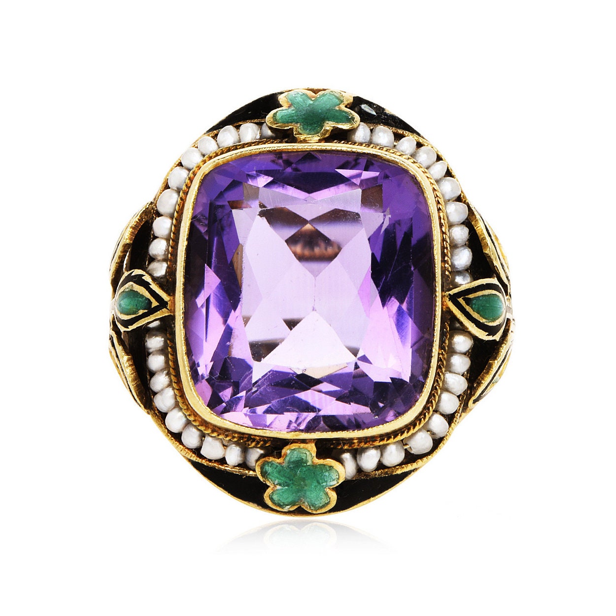 Edwardian Amethyst, Pearl, and Enamel Floral Ring in Yellow Gold by Wolcott Mfg. Co.